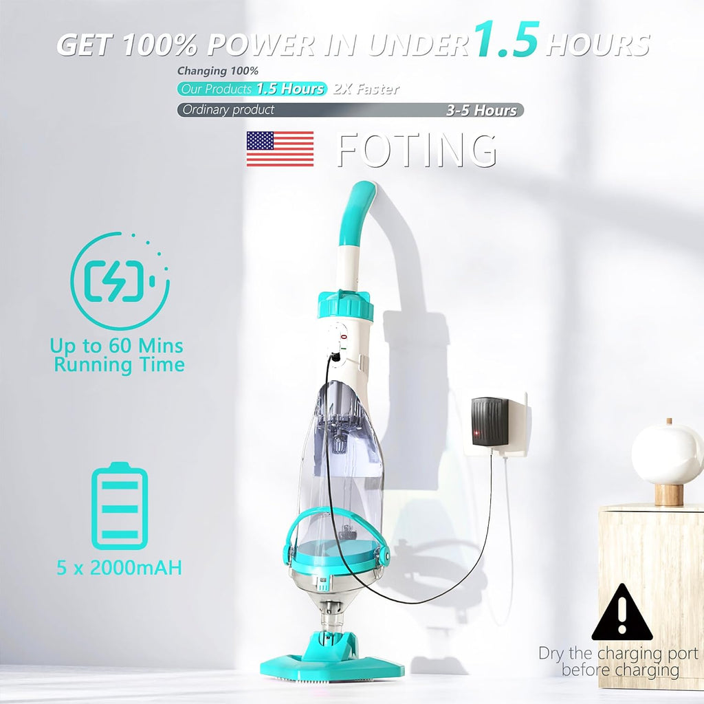 Cordless Pool Vacuum for Above Ground, Handheld Pool Spa Vacuum Cleaner for Inground Pools Hot Tub, Rechargeable, 60' Extendable Pole, up to 19.5 GPM for Leaves, Debris, Shallow Steps