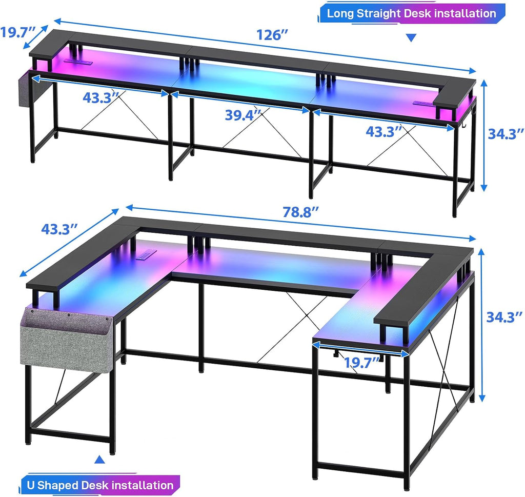 u Shaped Desk with Power Outlets & LED Lights, 79' Extra Large Reversible Corner Office Desk, Monitor Stand & Storage Shelves, Corner Computer Table Office Table with Full Monitor Stand