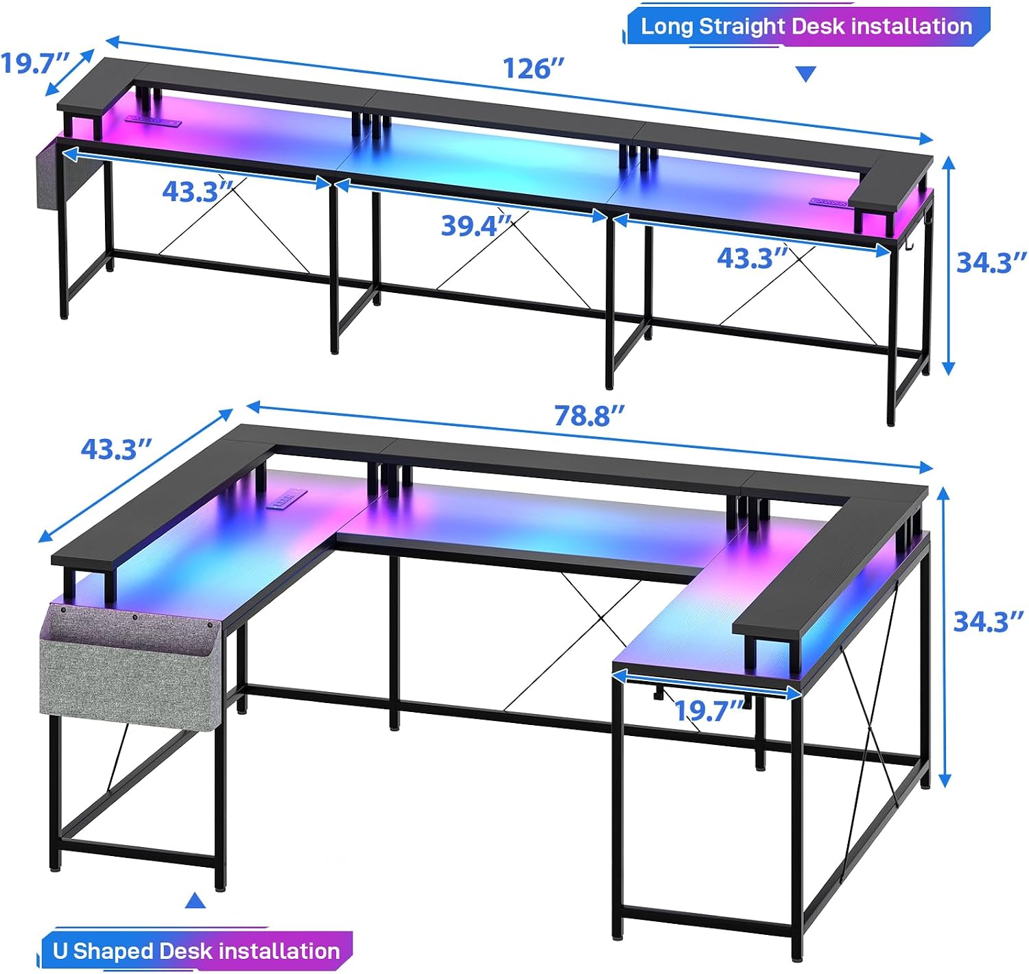 u Shaped Desk with Power Outlets & LED Lights, 79' Extra Large Reversible Corner Office Desk, Monitor Stand & Storage Shelves, Corner Computer Table Office Table with Full Monitor Stand
