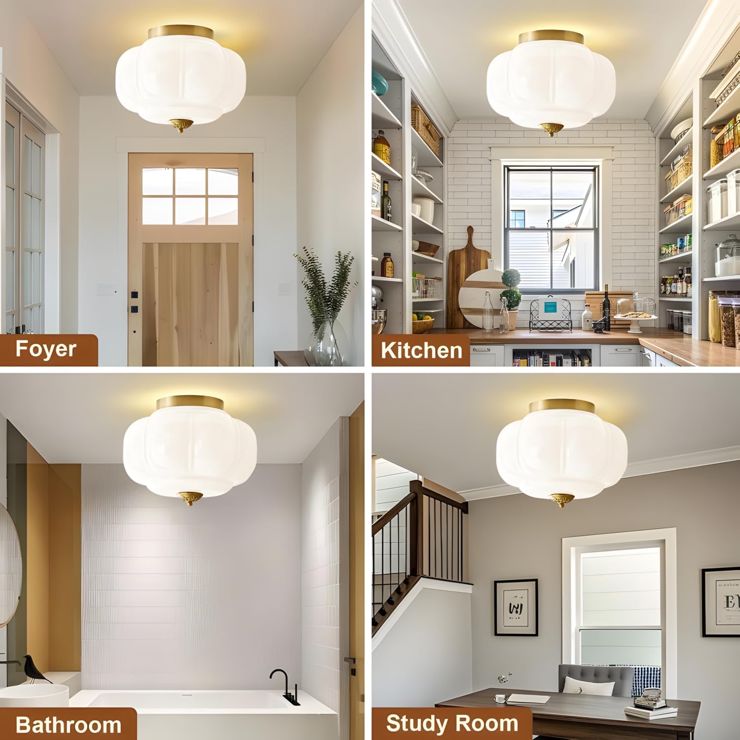 Bofea-Modern Semi Flush Mount Ceiling Light,Brass Gold Ceiling Light with Milk Glass Shade,Farmhouse Kitchen Lighting Fixtures Ceiling, LED Lights for Bedroom Schoolhouse Laundry Room