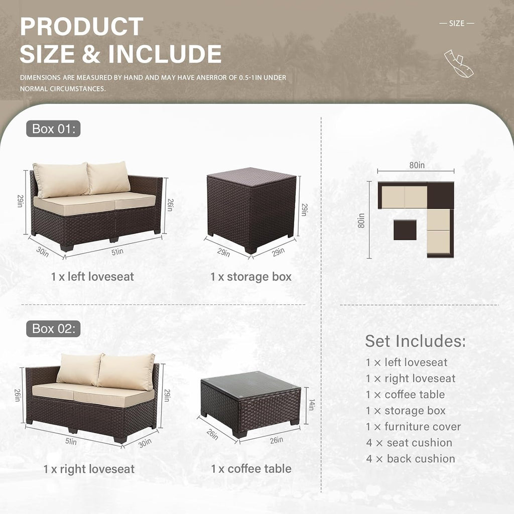 Valita Wicker Patio Furniture Set 4 Pieces Outdoor Sectional Conversation Sofa Set with Storage Box and Glass Table with Cushions and Furniture Covers, Khaki
