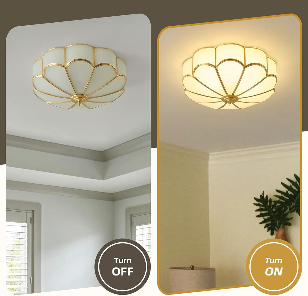 Brass Vintage Gold Ceiling Light - Large 17.7 Inch Milk Glass Mid Century Flush Mount Lighting Fixtures - Art Deco Antique Modern Lamp for Hallway Bathroom Bedroom Kitchen Entryway Laundry Foyer Hall