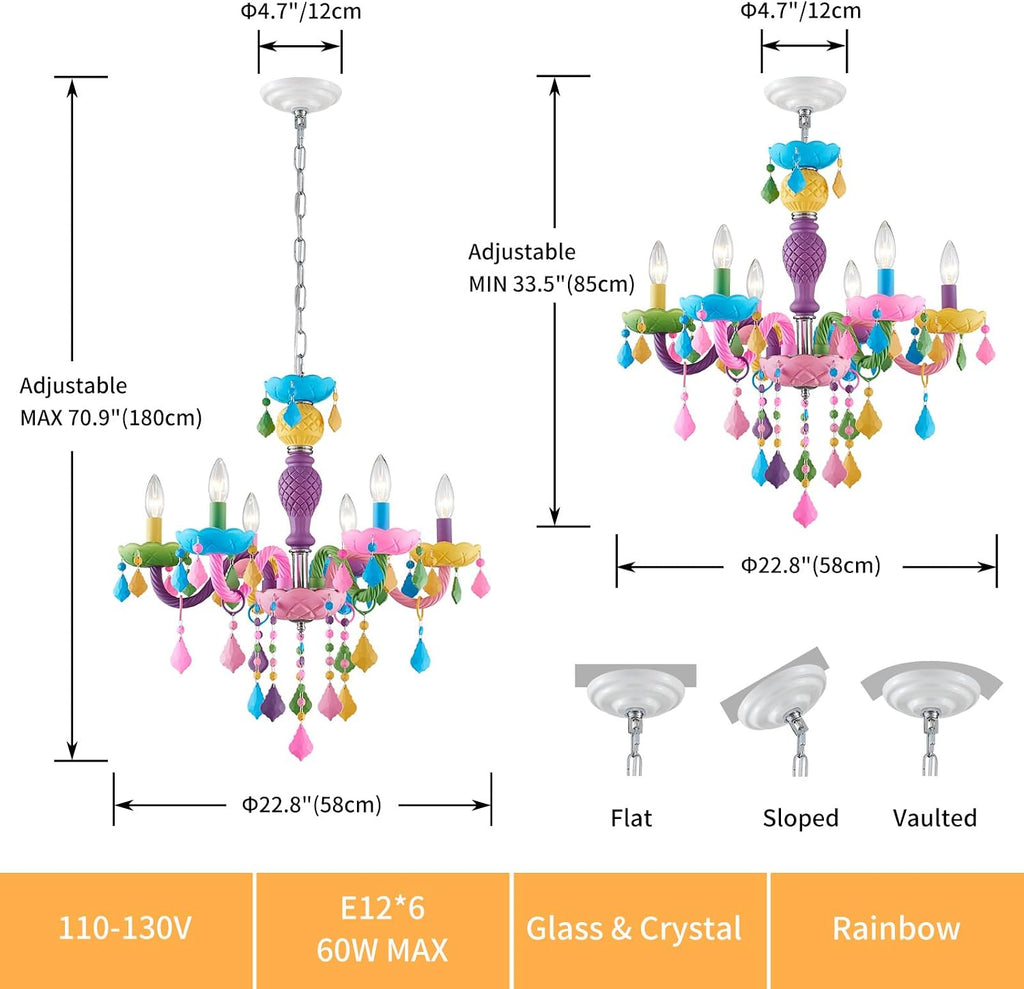 6-Light Children Crystal Chandeliers, Modern Design Rainbow Colorful Pendant Light Fixture for Bedroom, Dining Room, D23×H33~71 inch(Adjustable Height), Macaron Color Finish & K9 Crystal