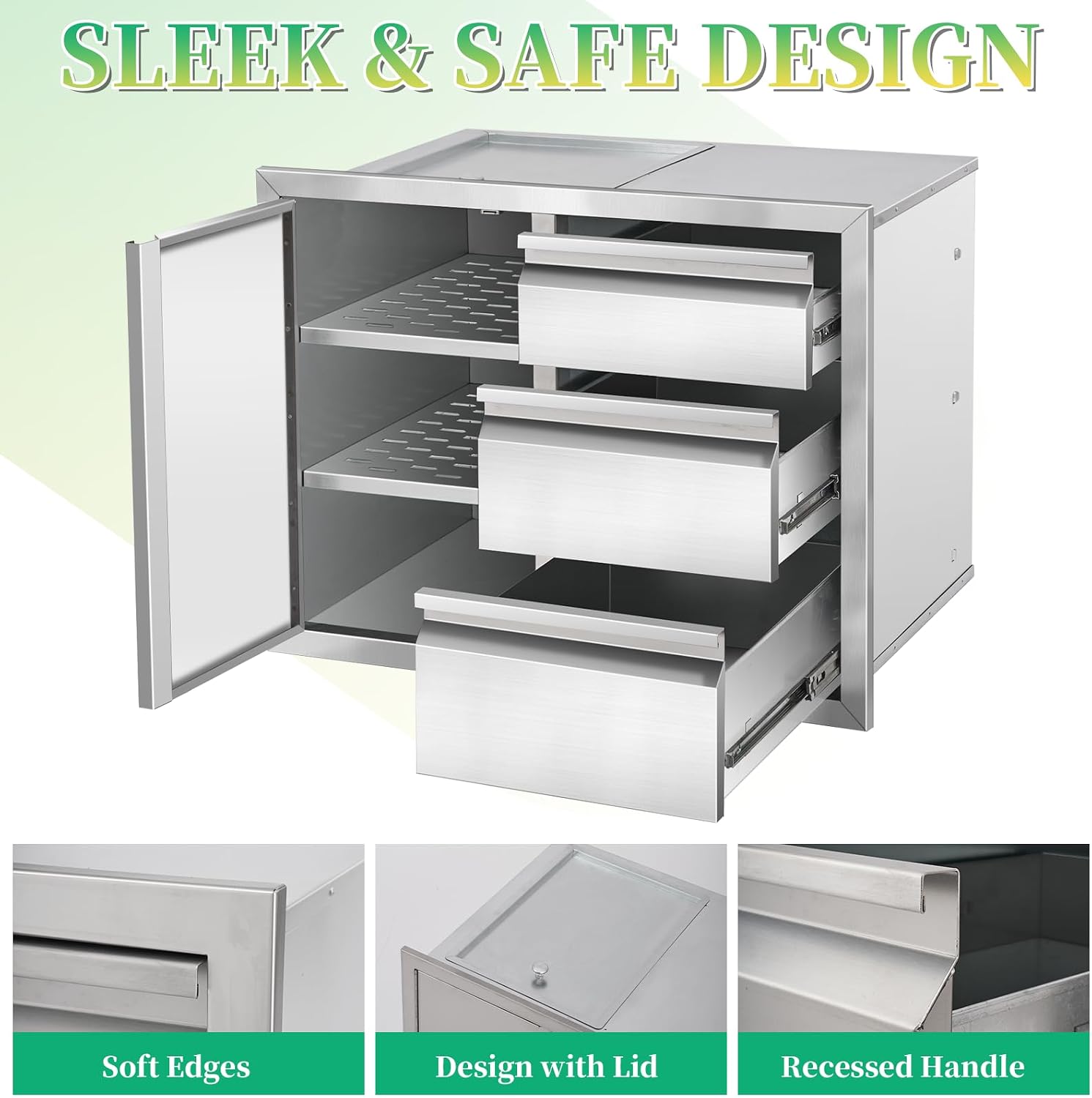 Outdoor Kitchen Drawer Combo Cabinet Stainless Steel Triple Drawers & Access Doors, 28' W x 22' H x 19.5' D, Built-in BBQ Island Cabinet for Outdoor Grill Station (Drawer and Left Door Combo)
