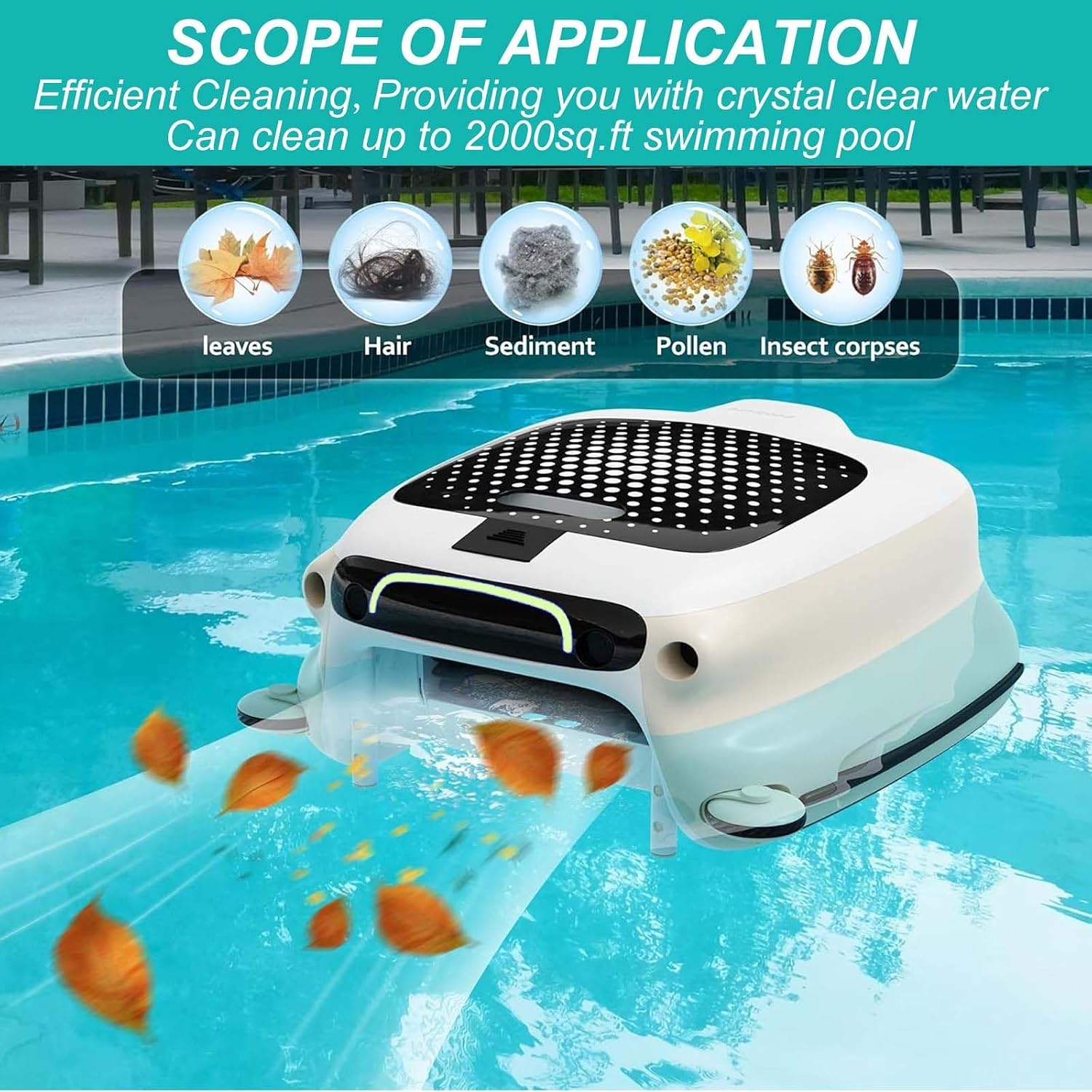 Automatic Pool Cleaner Robotic, Swimming Pool Cleaning Filter, Cordless Floating Skimmer,for Above Ground Pools Up to 2000 Sq.Ft