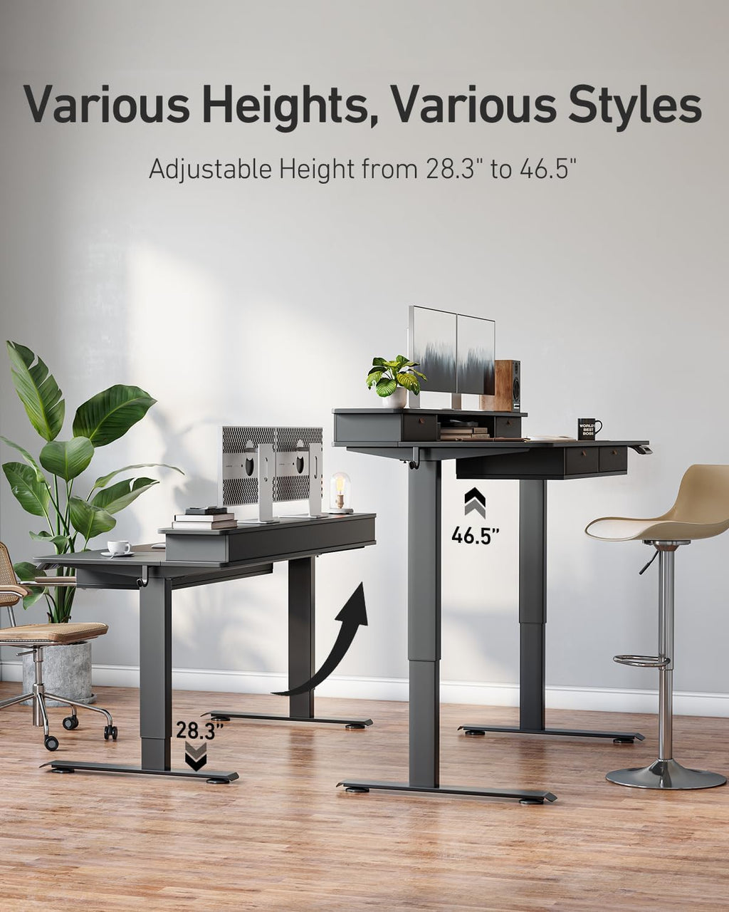 FEZIBO 48 x 24 inch Standing Desk with Drawers, Height Adjustable Electric Workstation, Computer Sit Stand Up Table with Large Storage Shelf 4 Drawers and 2 Hooks, Black