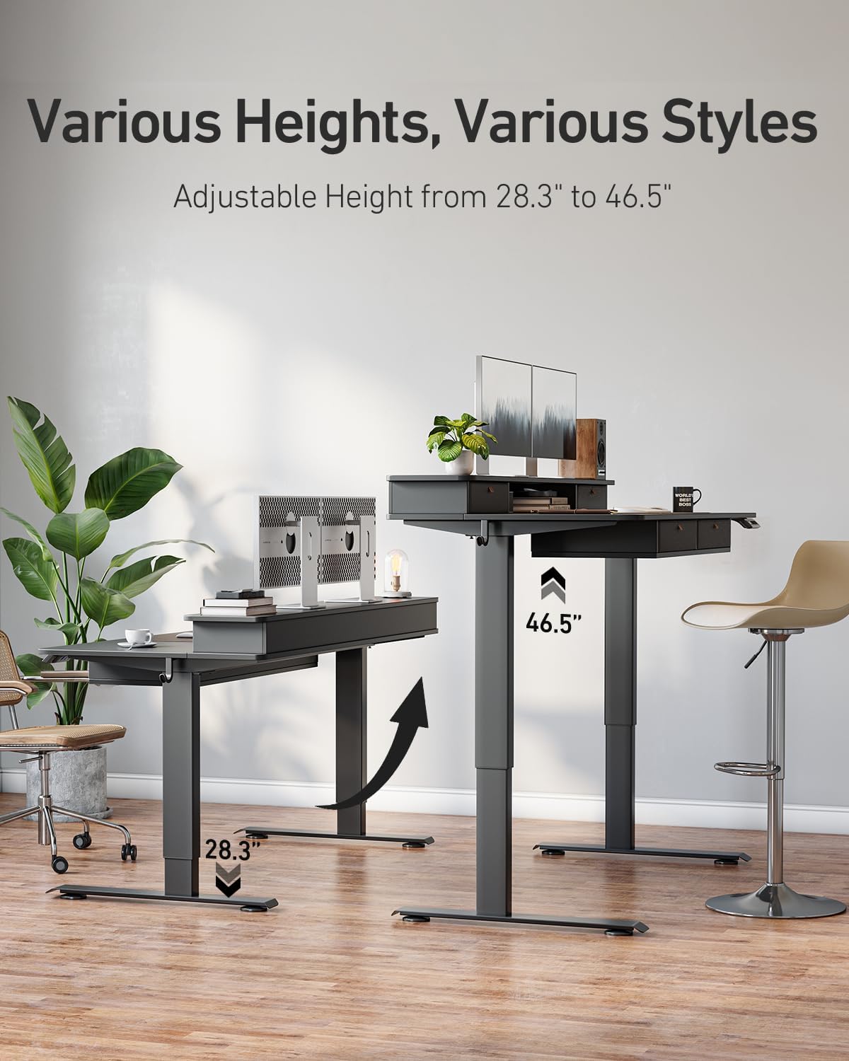 FEZIBO 48 x 24 inch Standing Desk with Drawers, Height Adjustable Electric Workstation, Computer Sit Stand Up Table with Large Storage Shelf 4 Drawers and 2 Hooks, Black