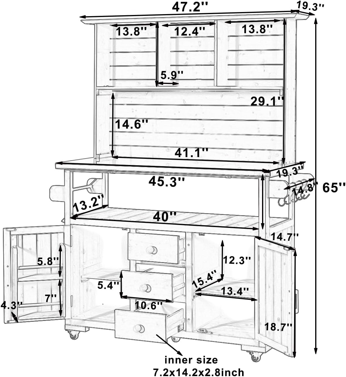 65''H Large Garden Potting Bench, Solid Fir Wood Outdoor Kitchen Island with Lockable Wheels, Stainless Steel top, Drawers, Shelf and Cabinets, Door Shelves and Hutch for Grilling (Black-113)