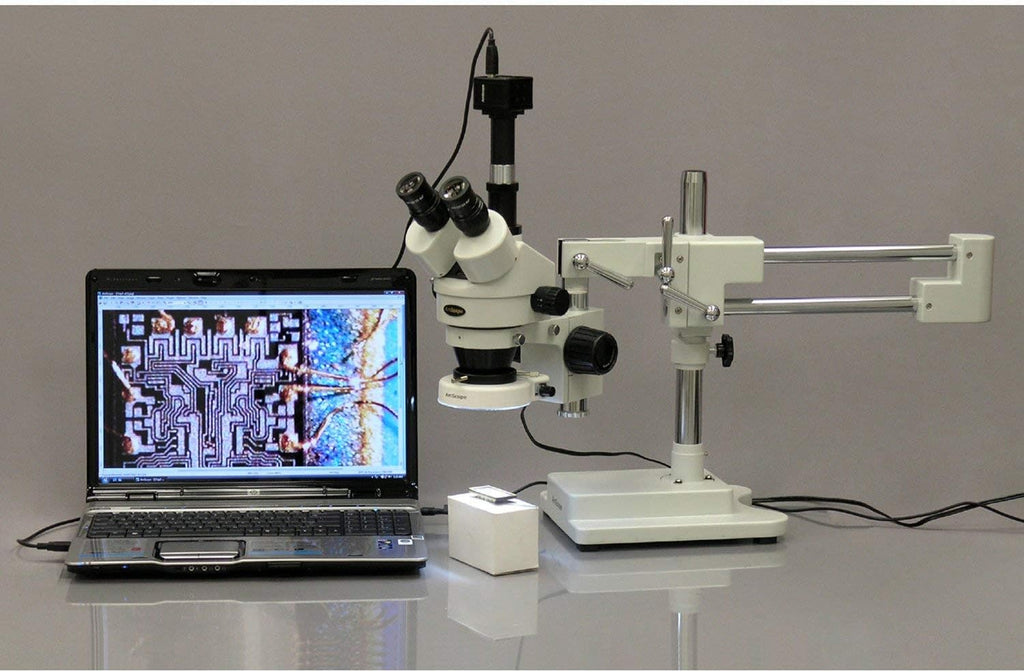 AmScope SM-4TZ-80S Professional Trinocular Stereo Zoom Microscope, WH10x Eyepieces, 3.5X-90X Magnification, 0.7X-4.5X Zoom Objective, 80-Bulb LED Ring Light, Double-Arm Boom Stand, Includes 0.5X and 2.0X Barlow Lens