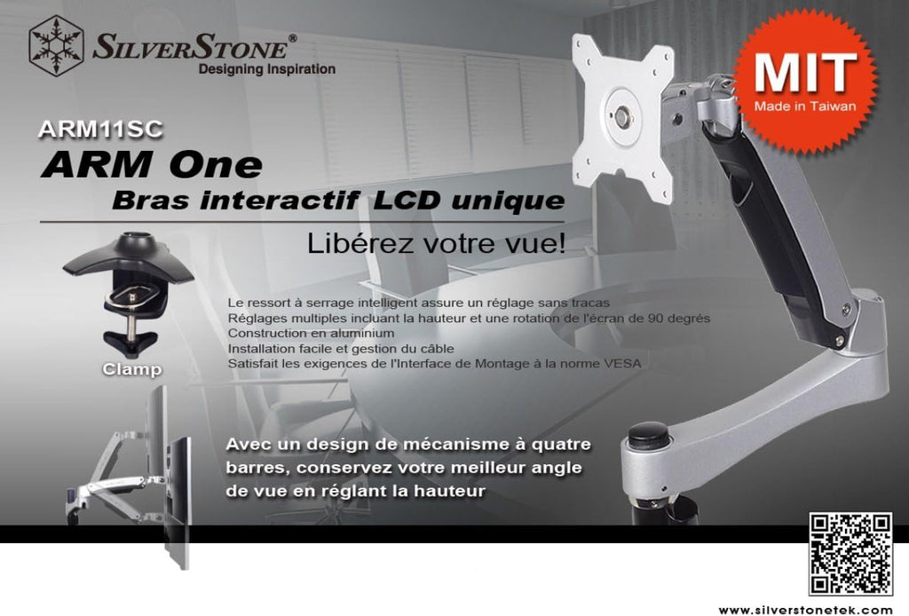 Silverstone SST-ARM11SC - Single ARM LCD LED Monitor Mount Bracket, Adjustable, with 360° Rotation, 90° tilt up/Down, 90° tilt Left/Right & Pull Out 180° Swivel Arm - Max VESA 100x100, Silver