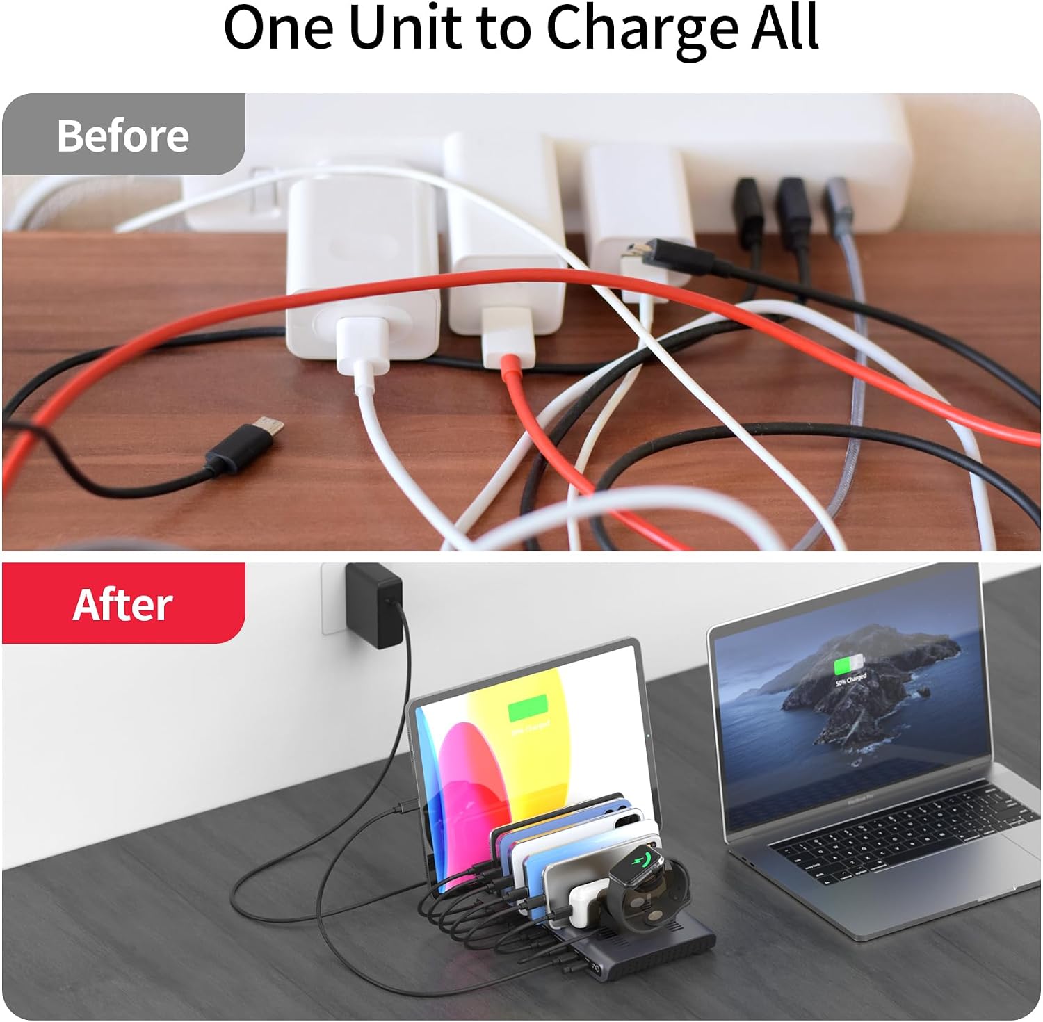 Unitek Charging Station for Multiple Devices - 140W USB C Fast Charging Stand with Digital Display for Laptop iPad iPhone Charging Dock with Smartwatch & Airpods Holder