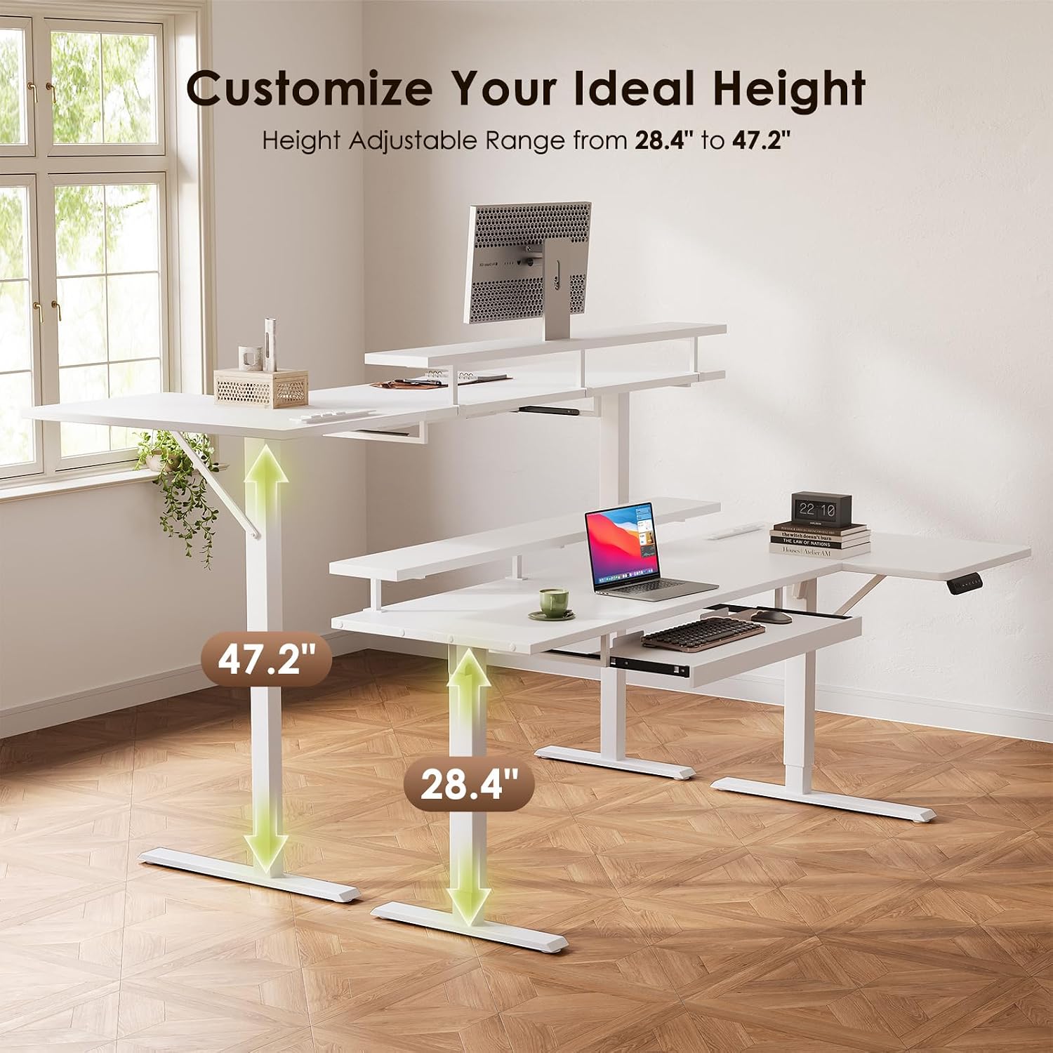OffiGo 63 Inch L Shaped Electric Standing Desk with Keyboard Tray, Reversible Height Adjustable Corner Computer Desk with Monitor Stand, Sit Stand Up Lift Table for Home, Office, White