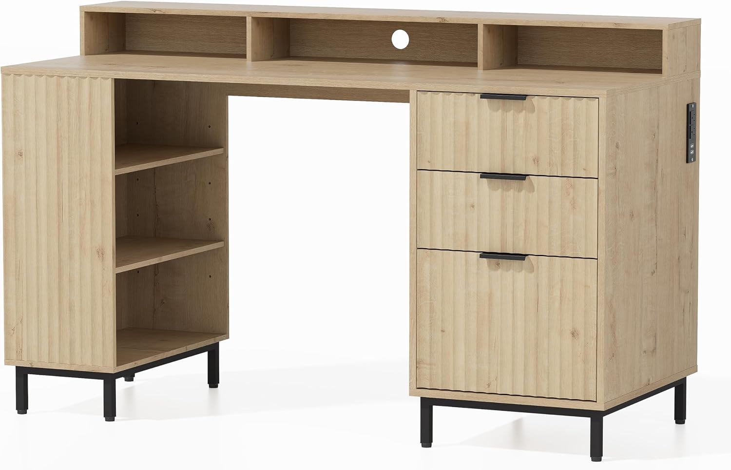 EYYTHUNG 55' Fluted Executive Desk with Charging Station, Modern Wood Home Office Desk with with Storage Shelf & File Drawer, Writing Study Computer Table for Work Study, Light Oak