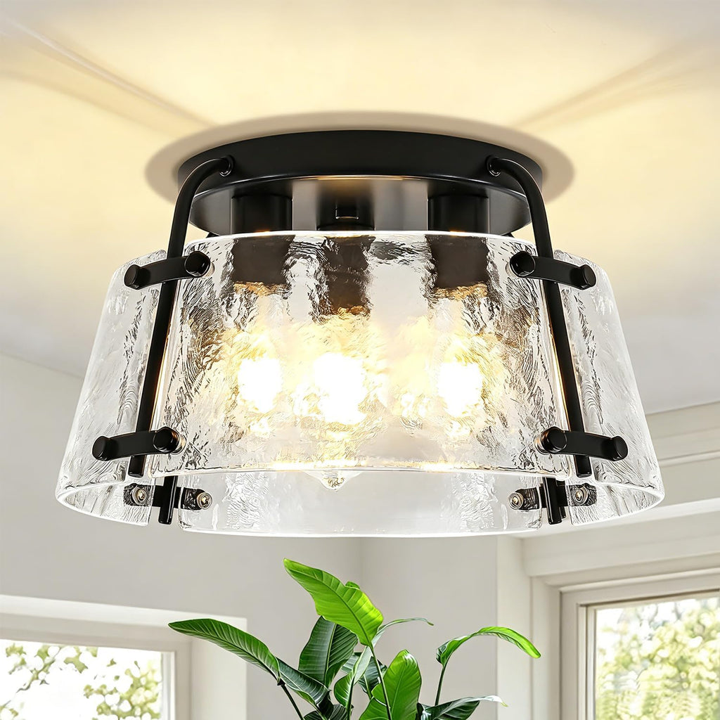 Modern Semi Flush Mount Ceiling Light, 3-Light Black Kitchen Light Fixtures Thick Hammered Glass Close to Ceiling Lights for Hallway Entryway Dining Room Bedroom Bathroom Laundry Room