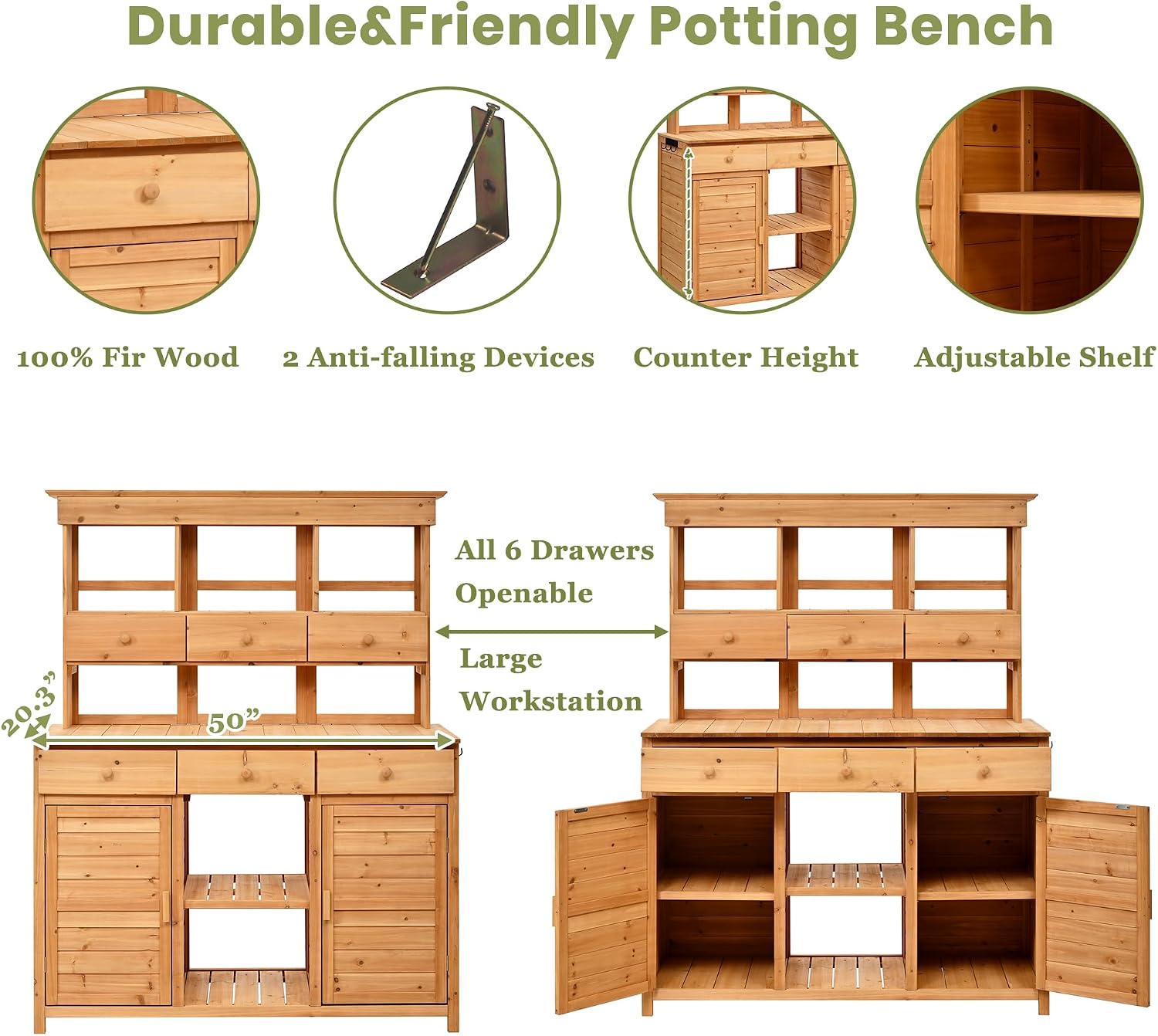 JIVOIT Outdoor Wood Workstation Table, 65.7'' H Tall Garden Potting Bench Table with Hutch, 3 Shelves, 6 Drawers, 2 Bottom Cabinets & Side Hooks, Patio Storage Workstation for Mudroom, Doorway