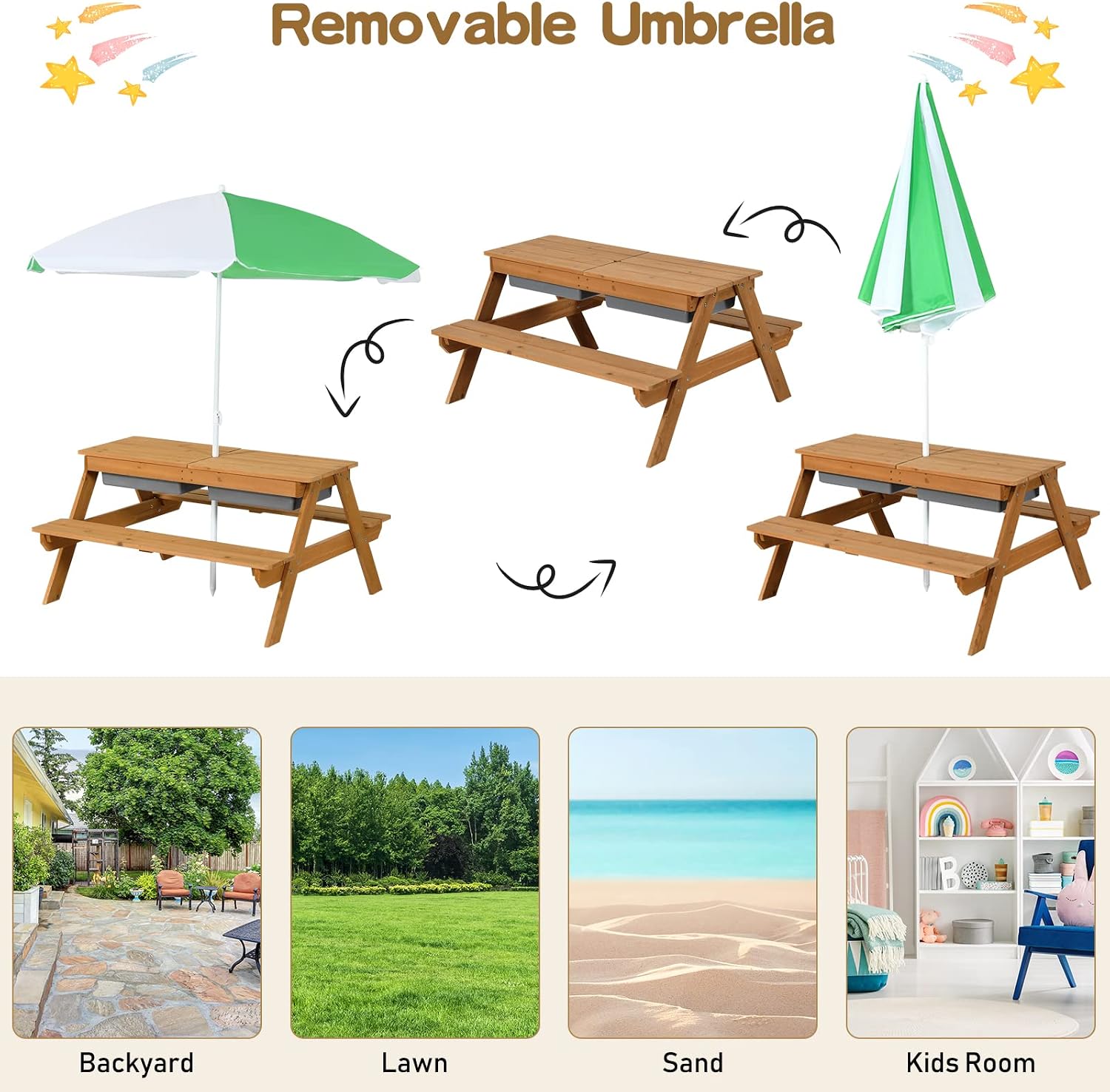 Costzon Kids Picnic Table with Sensory Bins, 4 in 1 Sand and Water Table with Height Adjustable Umbrella, Removable Tabletop for Outdoor Backyard Patio Play