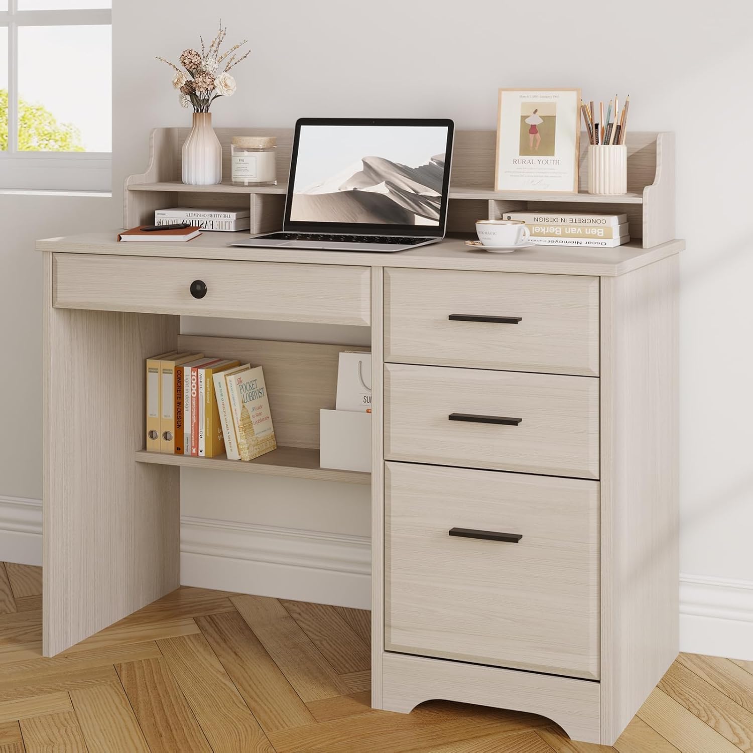 4 EVER WINNER Small Desk with Drawers for Small Spaces, 44'' Computer Desk with File Cabinet & Monitor Stand, Wood Writing Desk for Bedroom, Living Room, Off White