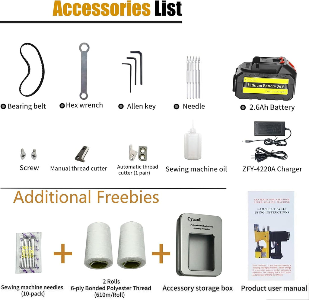 Bag Sewing Machine-Portable Battery Handheld Cordless Bag Sewing Machine,Automatic Bag Stitcher With Thread for Burlap Sack, Canvas,Feed Sacks,Rice Bags,Jute Bags,Seed Bags(Machine+1 battery)-Yellow