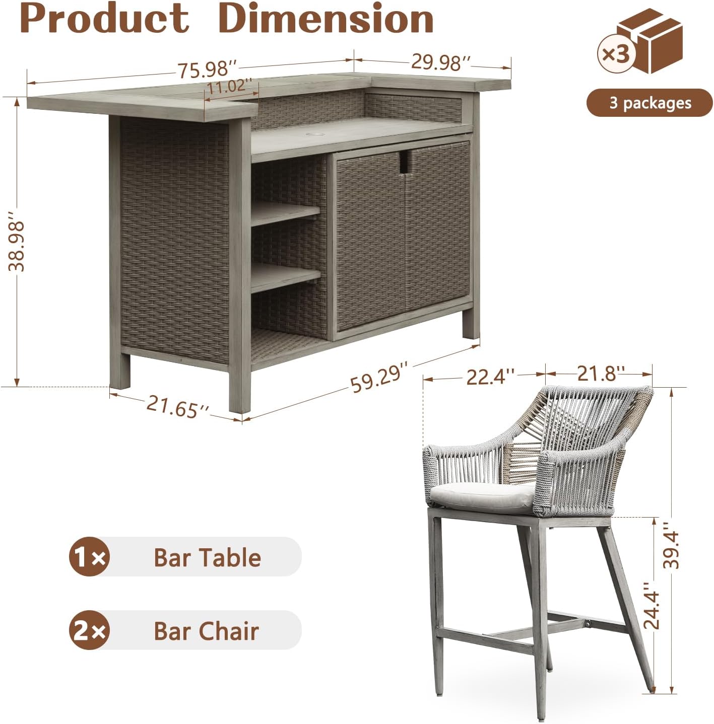 Domi Outdoor Home Bar Unit Set of 3, All-Weather Wicker & Aluminum Frame Farmhouse Bar Table with 2 Counter Height Stools with Shelves and Cabinet, for Patio, Kitchen Island, Indoor Outdoor Use