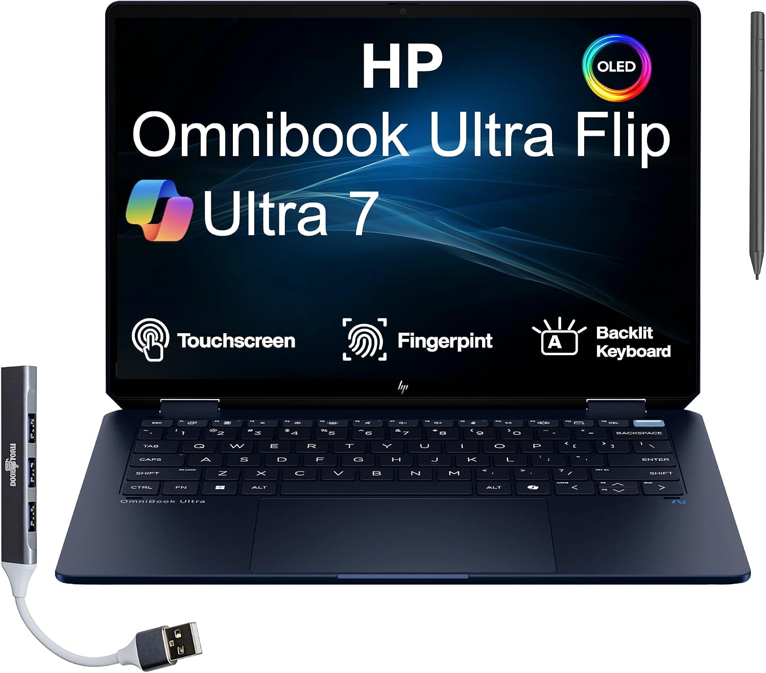 HP Omnibook Ultra Flip Creator 2-in-1 Laptop 14.0' Touchscreen OLED 2.8K Display (Intel Ultra 7-258V, 32GB LPDDR5X, 1TB PCIe SSD, Backlit KB, Active Pen, Fingerprint, Win 11 Pro) w/Dockztorm Hub