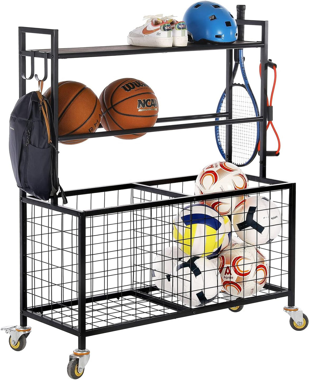 MyGift Sports Equipment Organizer, Garage Ball Storage for Indoor and Outdoor, Garage Organizer for Sports Gear and Toys, Rolling Ball Cart with Baskets, 16' D x 41' W x 49' H