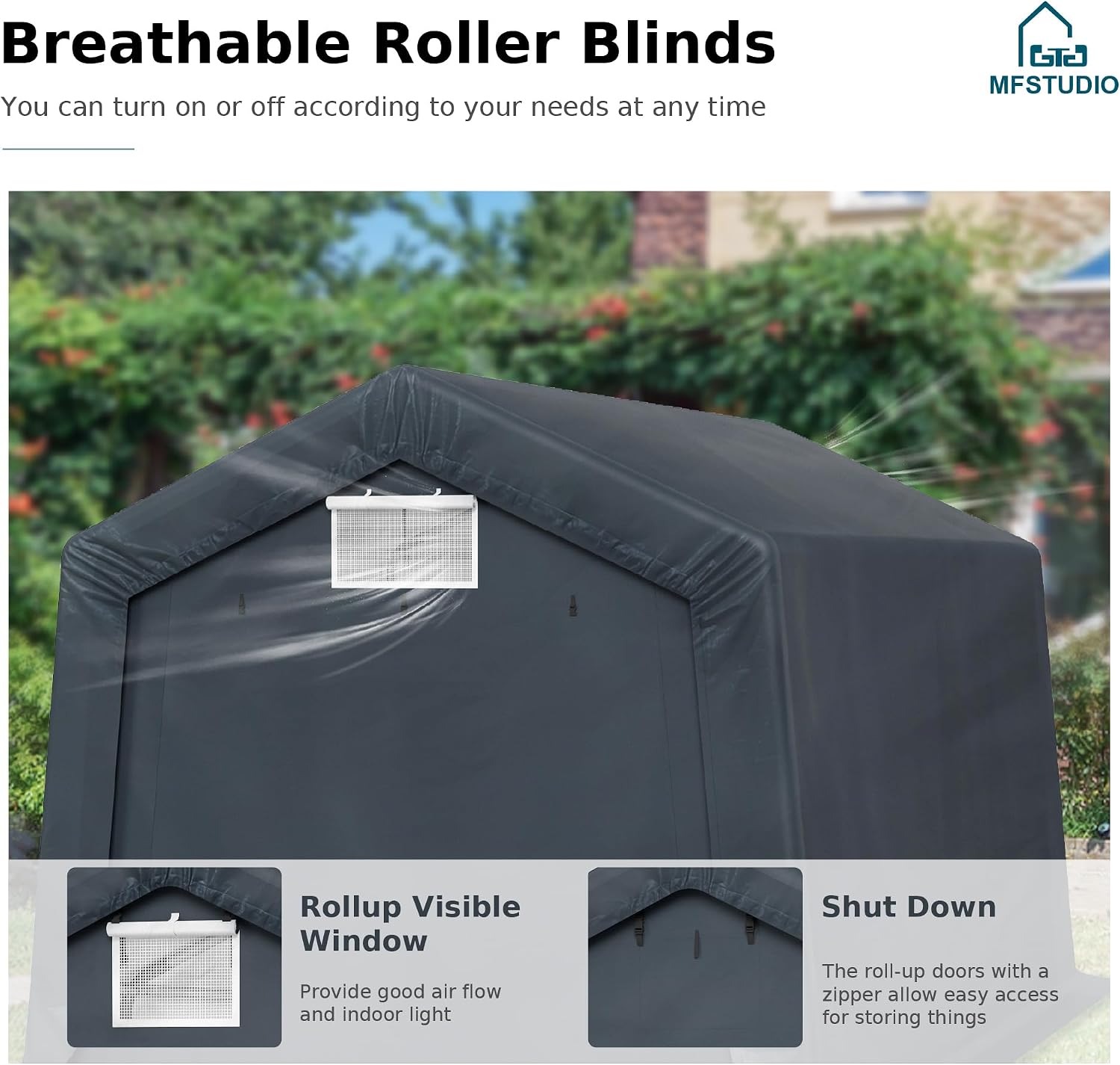 MFSTUDIO 10x15 Portable Carport, Garage Outdoor Portable Storage Shelter Carports with Rolled up Zipper Doors, Garages Sheds Tent for Vehicles, Motorcycle and Outdoor Tools