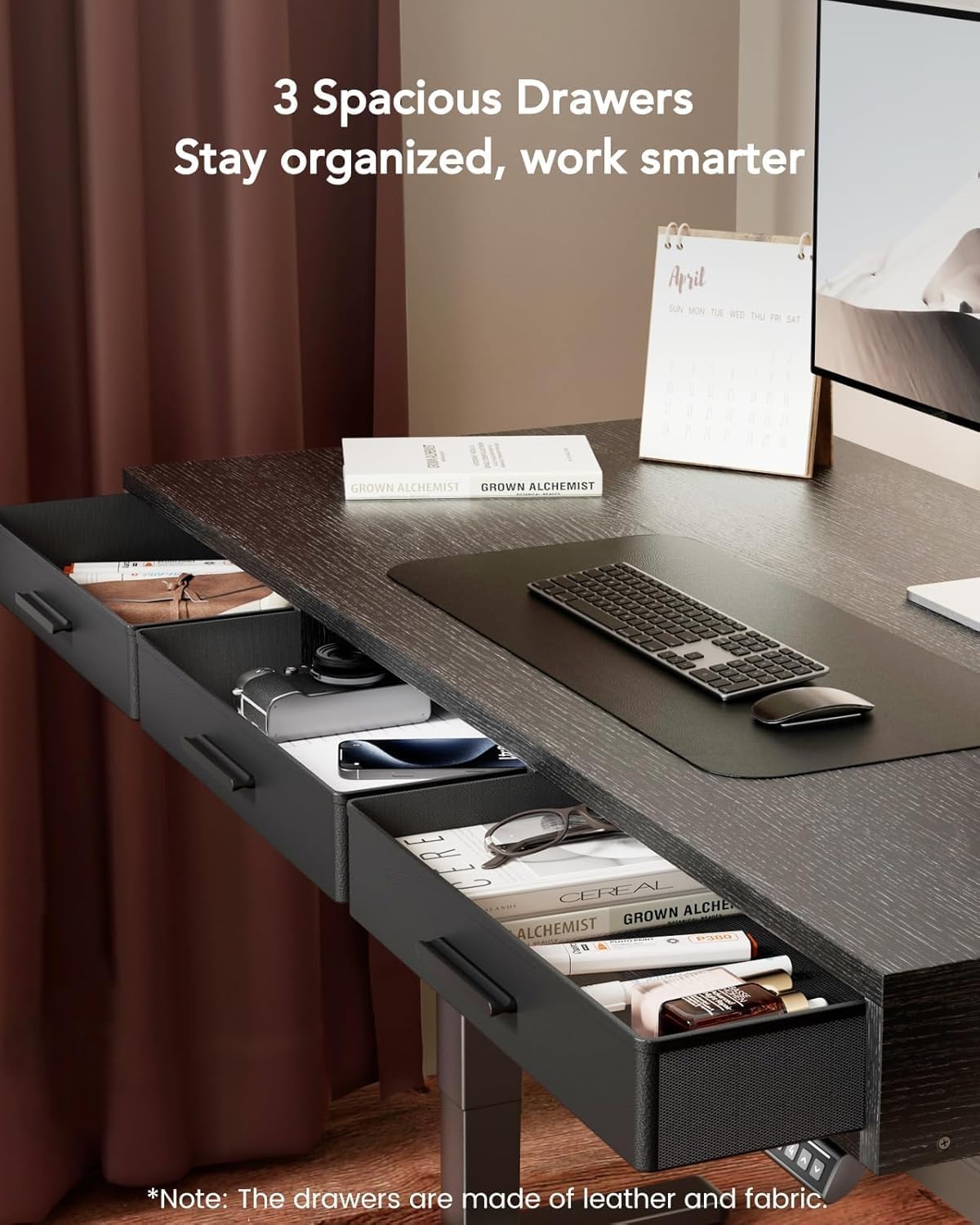 HUANUO Electric Standing Desk with Drawers, C-Clamp Mount Compatible, 40 x 22 Inch Height Adjustable Sit Stand Desk, Fabric Drawers, Home Office Stand Up Desk with 4 Custom Height Settings, Black