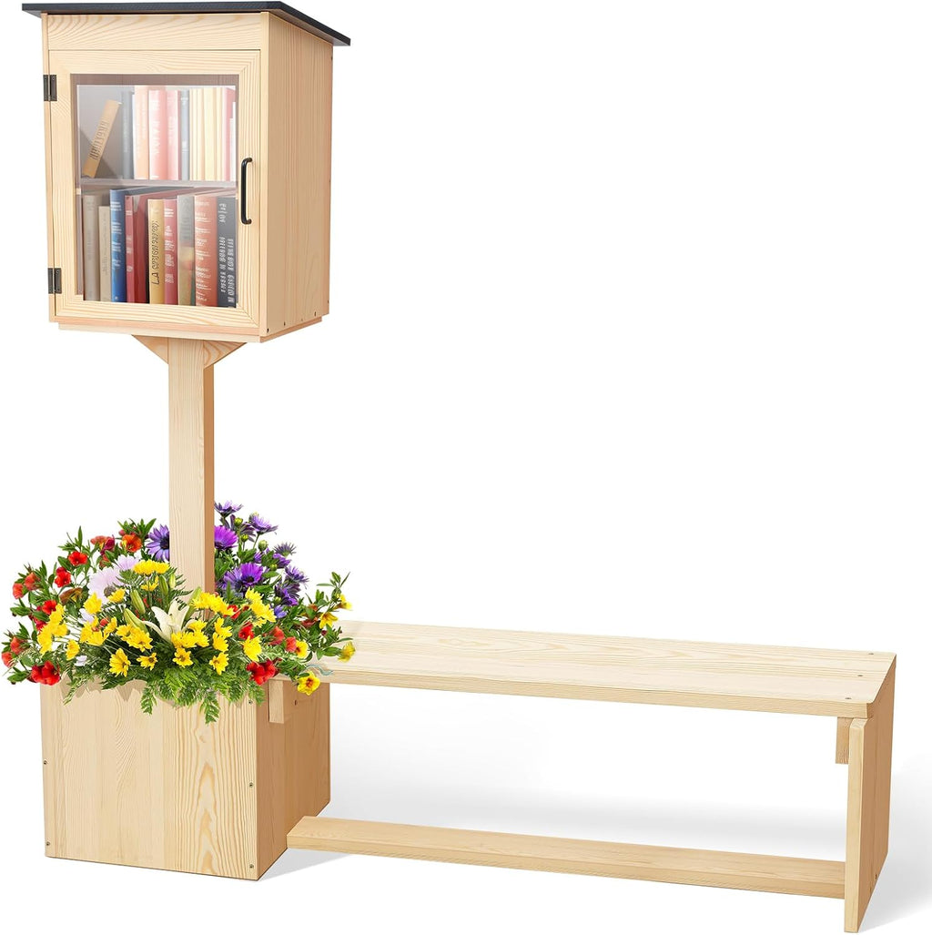Wonderjune Little Library Box Outdoor with Bench Set, Durable Weatherproof Solid Wood Exchange Box with Floor Plugs and Flower Fence for Neighborhoods, Community, School(Wood)