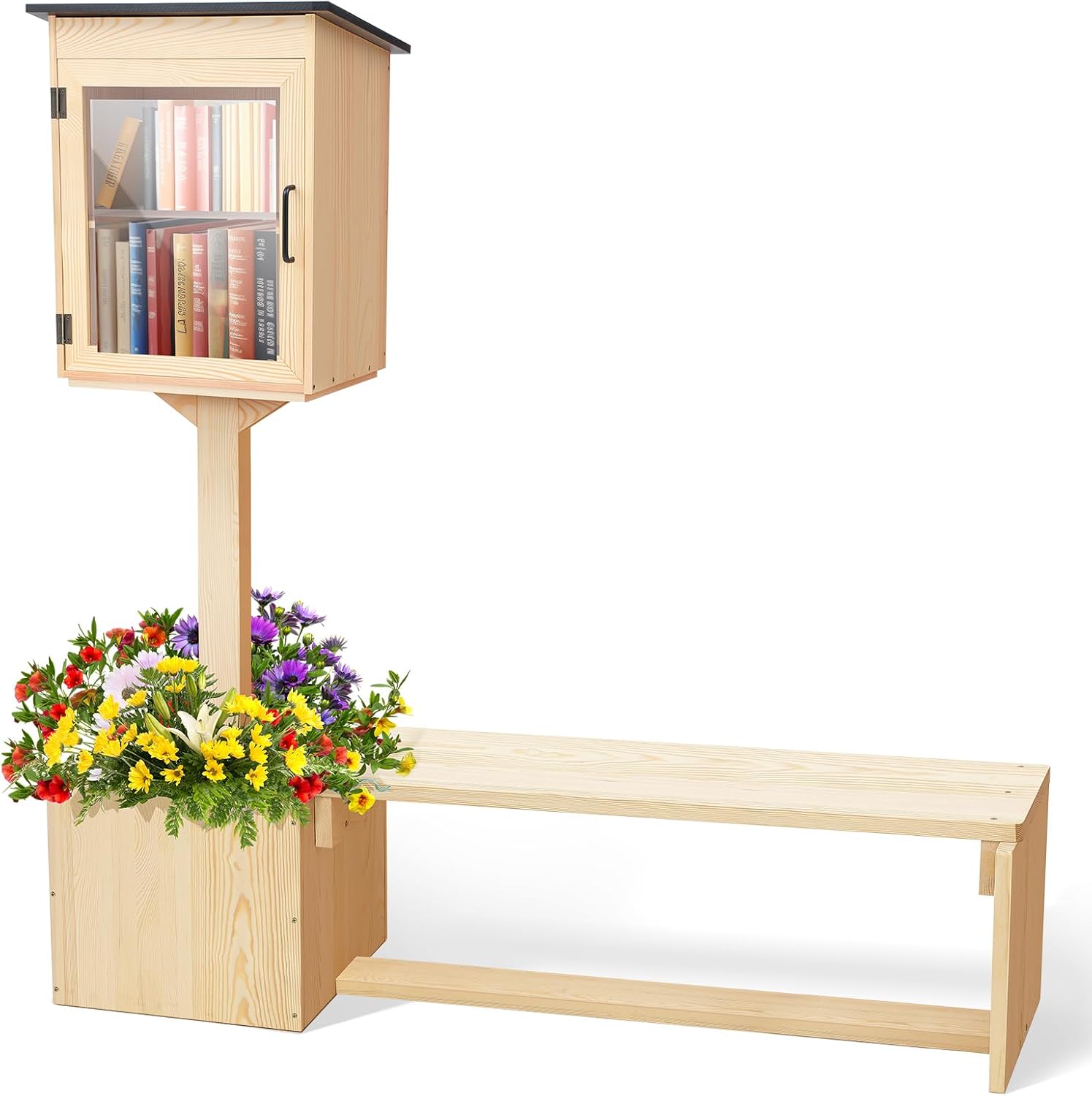 Wonderjune Little Library Box Outdoor with Bench Set, Durable Weatherproof Solid Wood Exchange Box with Floor Plugs and Flower Fence for Neighborhoods, Community, School(Wood)