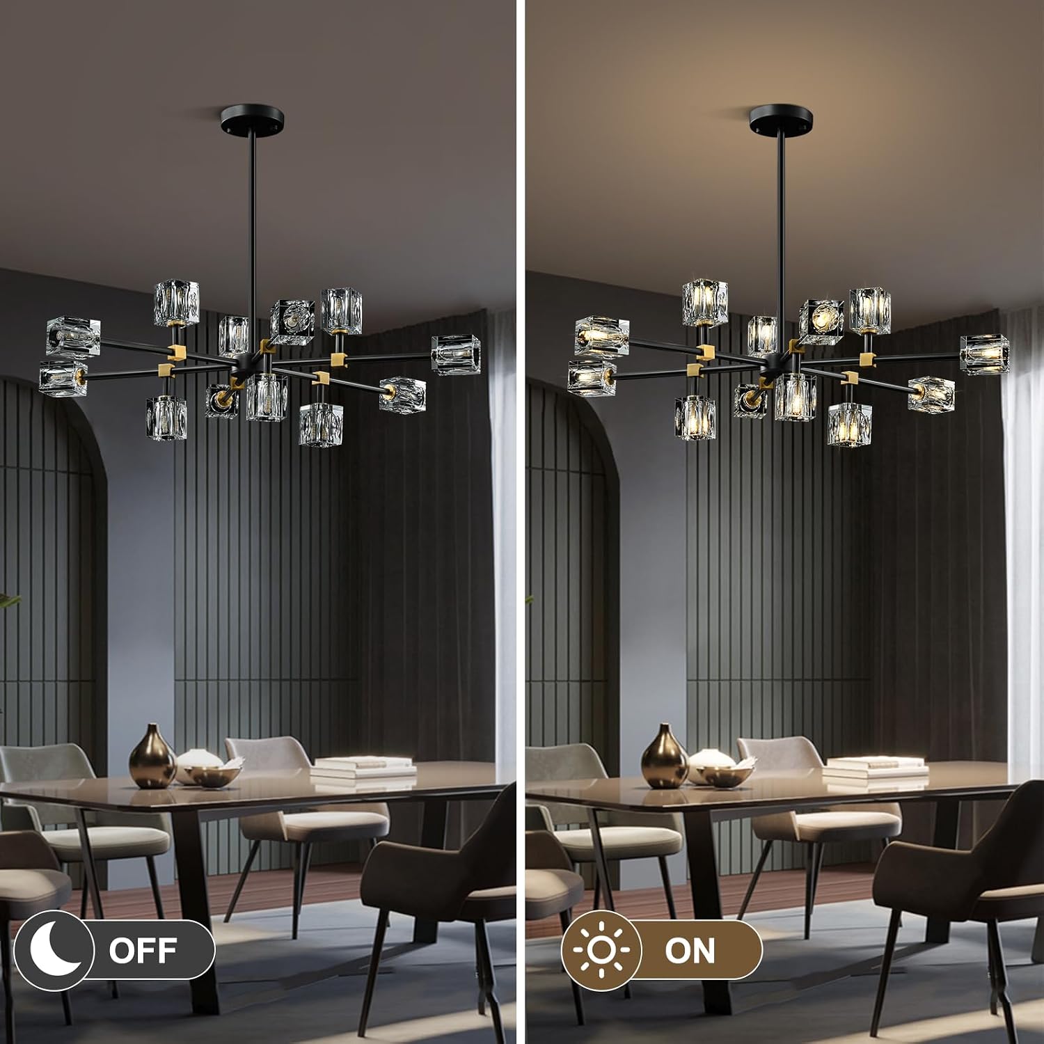Modern Sputnik Crystal Kitchen Chandelier - Luxury Elegant 12 Light Adjustable Height Pendant Lighting Ceiling Fixture - Black and Gold Brushed Brass Chandeliers for Dining Room Living Room Island