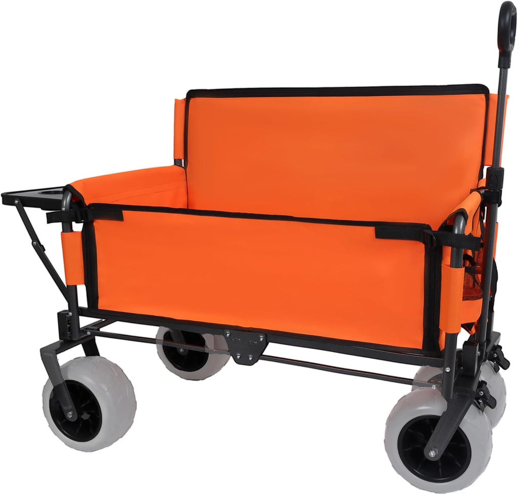 3-in-1 Folding Wagon with Bench Seat – 500lbs Capacity,Reinforced Carbon Steel Frame, 180L Cargo Space– Perfect for Camping, Beach, Outdoor Events & Heavy-Duty Hauling (Orange+ Cup Holder)