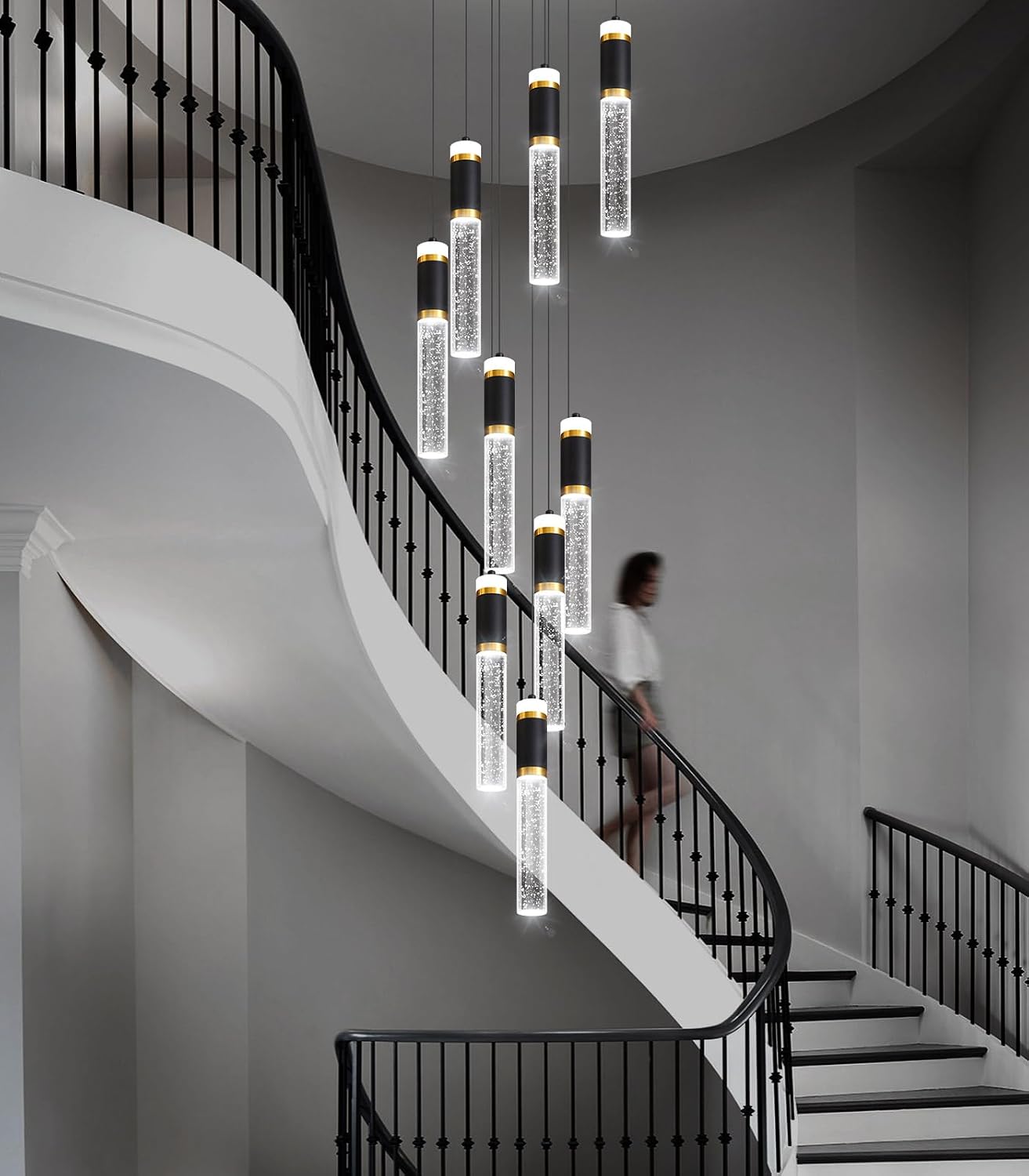 9-Lights Modern Crystal Spiral Chandelier for Staircase High Ceiling Chandeliers Bubble Pendant Lighting Hanging Light Fixture Flush Mount for Foyer Entryway