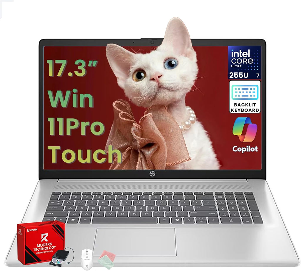 HP 17-inch Touchscreen Laptops Computer - Intel Ultra 7 255U(up to 5.2 GHz), Ai Copilot, 17.3' Anti-Glare HD+, Backlit KB, Fingerprint, Win 11 Pro, Wi-Fi 6, w/Accessory(16GB DDR5 RAM, 1TB SSD)