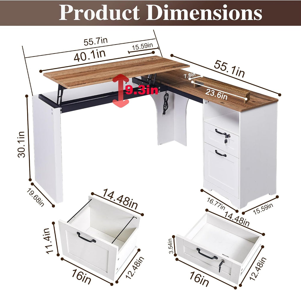 55' Farmhouse L-Shaped Desk with Lift Top,Movable Monitor Stand,L Shaped Standing Office Desk with Lockable Drawer & Adjustable File Drawer,Lift Top Computer Desk with Power Outlets