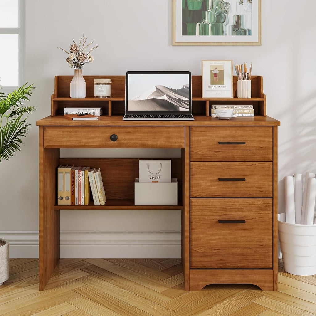 4 EVER WINNER Small Desk with Drawers for Small Spaces, 44'' Wood Desk with File Drawer & Monitor Stand, Office Desks Writing Study Table for Bedroom, Living Room, Brown