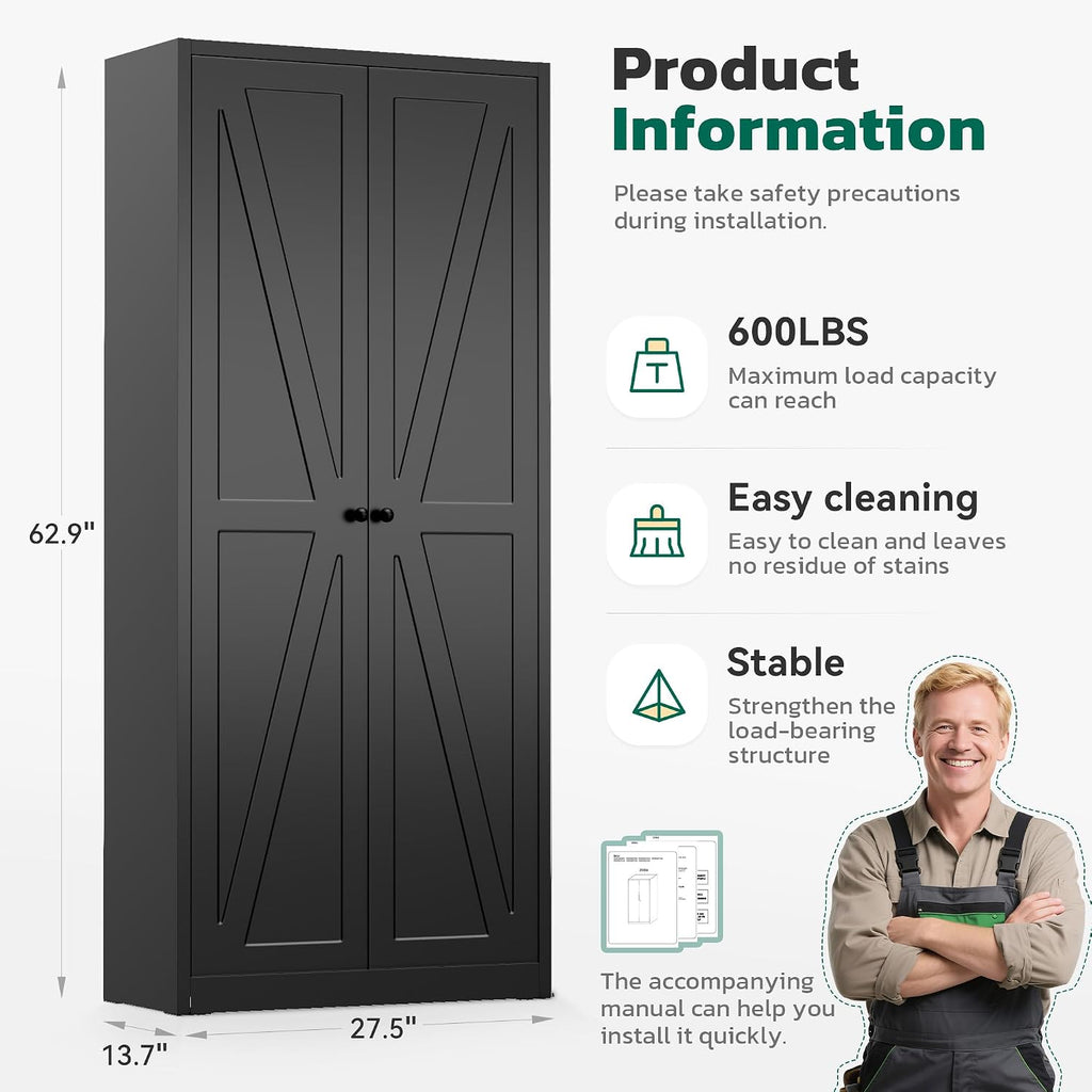 Greenvelly Metal Cabinet, 63' H Black Metal Storage Cabinet with Doors and 4 Shelves, Pantry Storage Cabinet for Kitchen, Bedroom, Living Room, Office (Farmhouse)