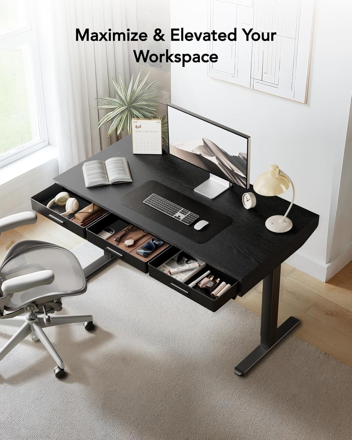 HUANUO Electric Standing Desk with Drawers, C-Clamp Mount Compatible, 55 x 28 Inch Height Adjustable Sit Stand Desk, Fabric Drawers, Home Office Stand Up Desk with 4 Custom Height Settings, Black