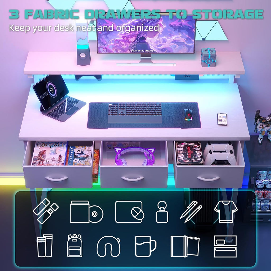 MUTUN Computer Desk with Drawers, 40 Inch Computer Desk with Power Outlet & LED Light, Gaming Desk with Adjustable Monitor Stand & Pegboard, Modern PC Study Writing Table for Bedroom, White