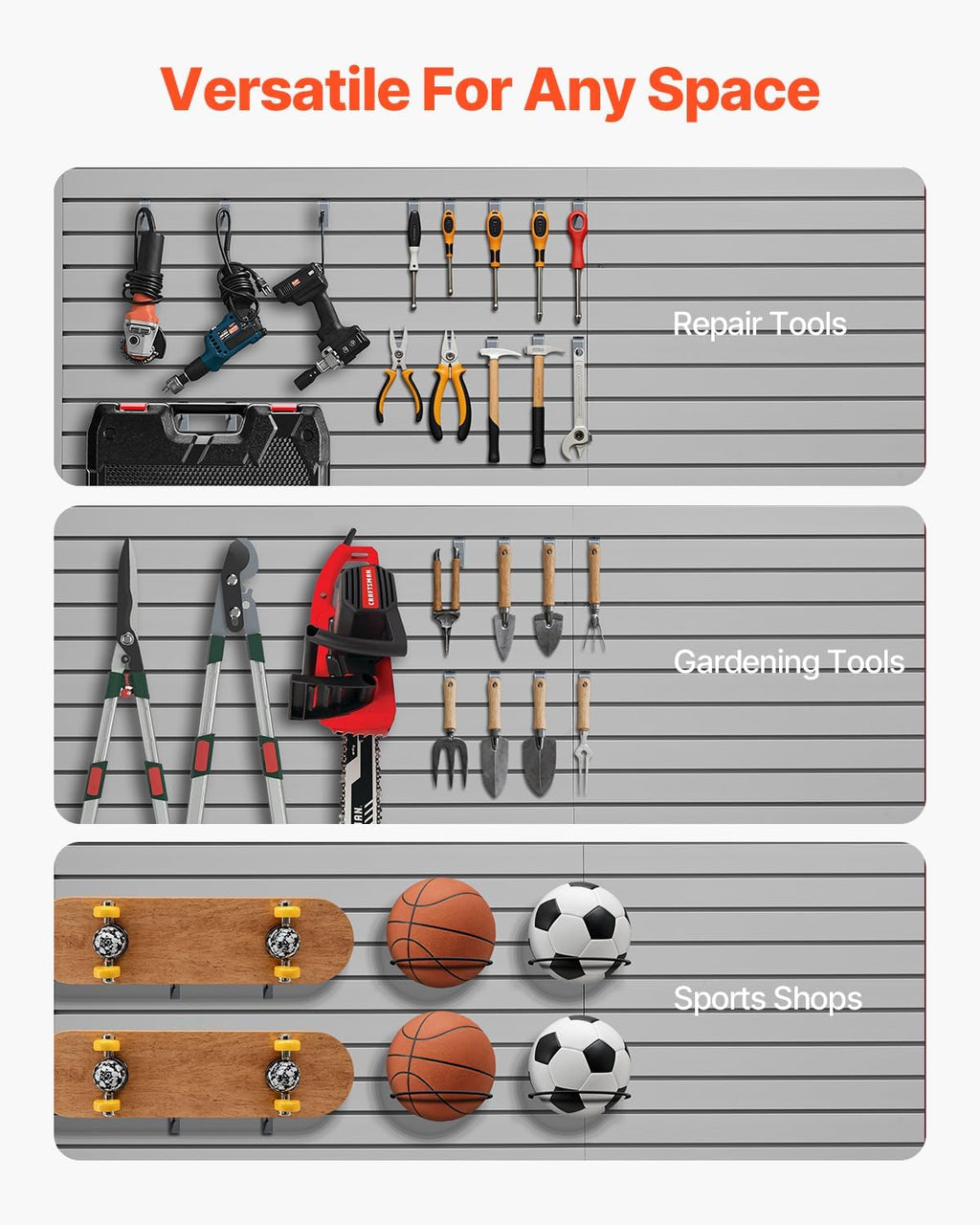 VEVOR Slat Wall Paneling, 8 x 4 ft, PVC Garage Slatwall with Accessories, Grey Slat Wall Easy-to-Install Adjustable Slatwall Panel with Coupling Structure & DIY Cutting, Fits for Storage & Display
