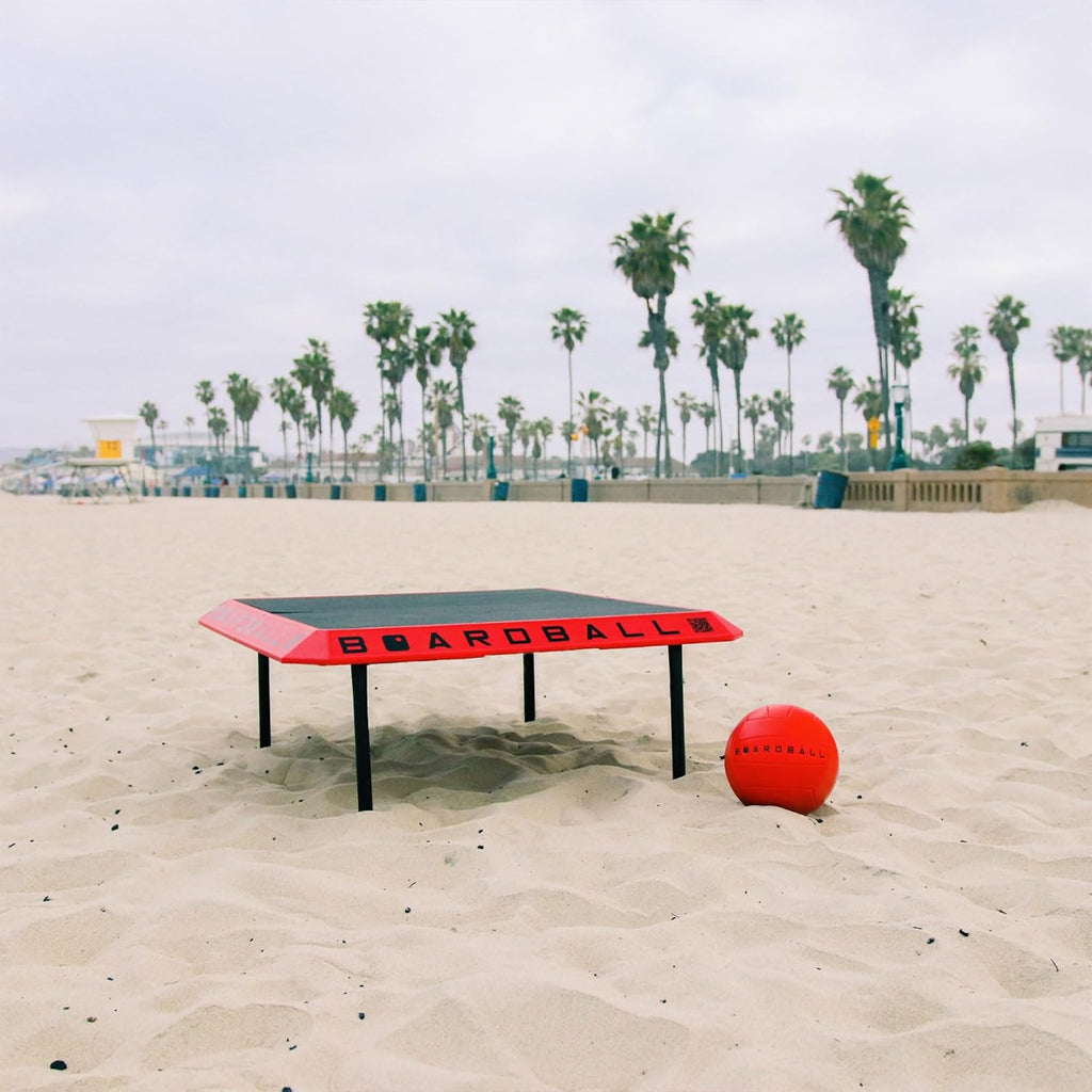 Boardball Sport Portable Volleyball Board Game Set, Indoor & Outdoor Play with Rubber Top Surface Board, Full-Size Ball and Hand Pump, Red/Black