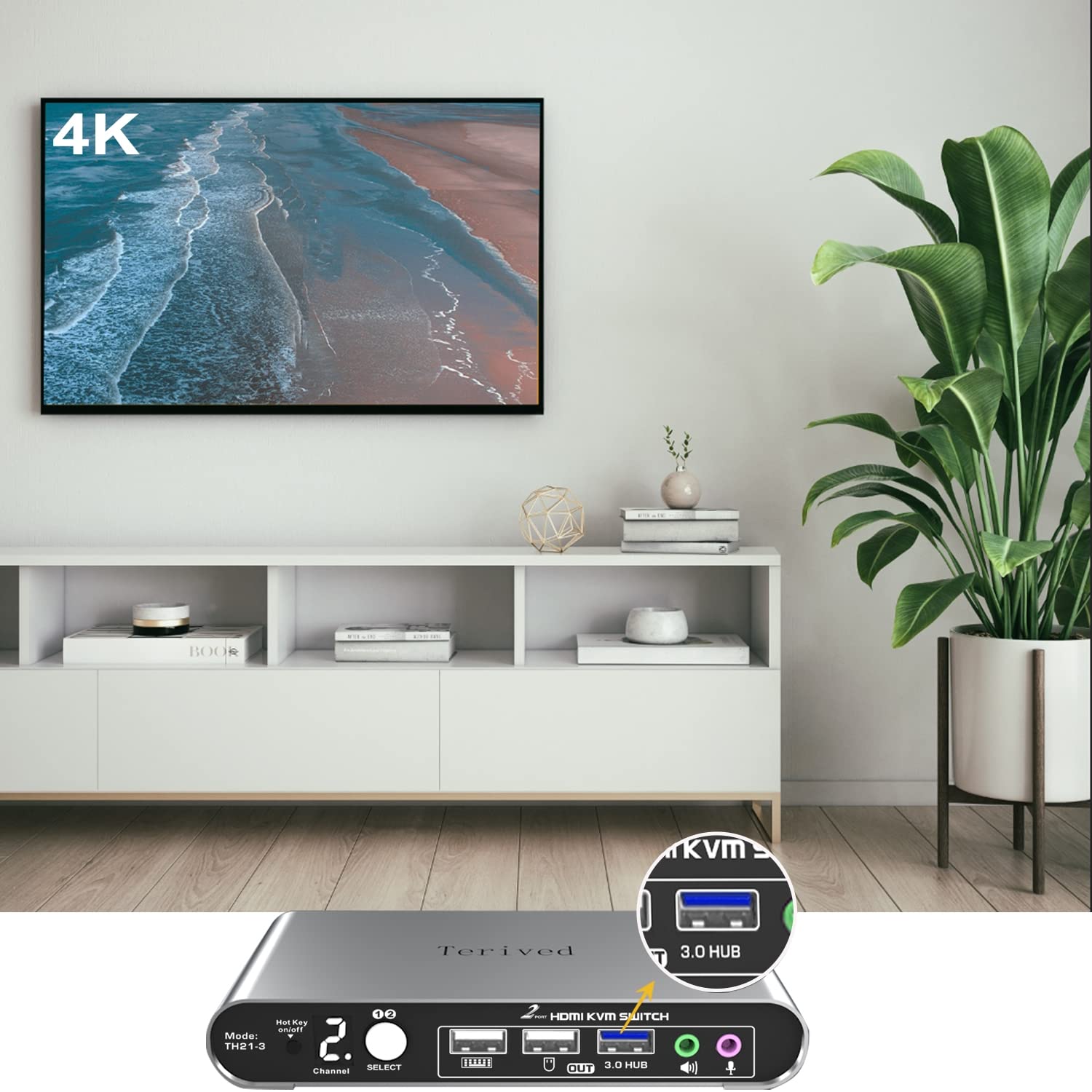 2 Port HDMI USB 3.0 KVM Switch with Aluminum Alloy Shell and Digital Display,Audio/Microphone, 4K@60Hz,hotkey,Auto EDID, HDR10 with Cables