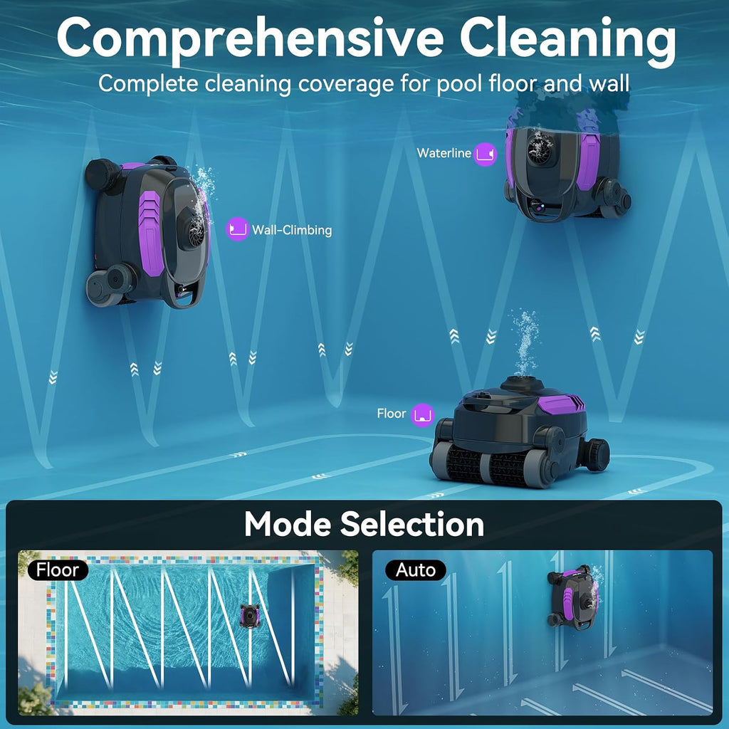 Cordless Robotic Pool Cleaner, Wall Climbing, Extended Battery Life, 0.28 Cu Ft Large Capacity, Advanced Dual-Motor, X3 Auto Pool Vacuum for Inground & Above Ground Pools Up to 1615 Sq.Ft, Purple