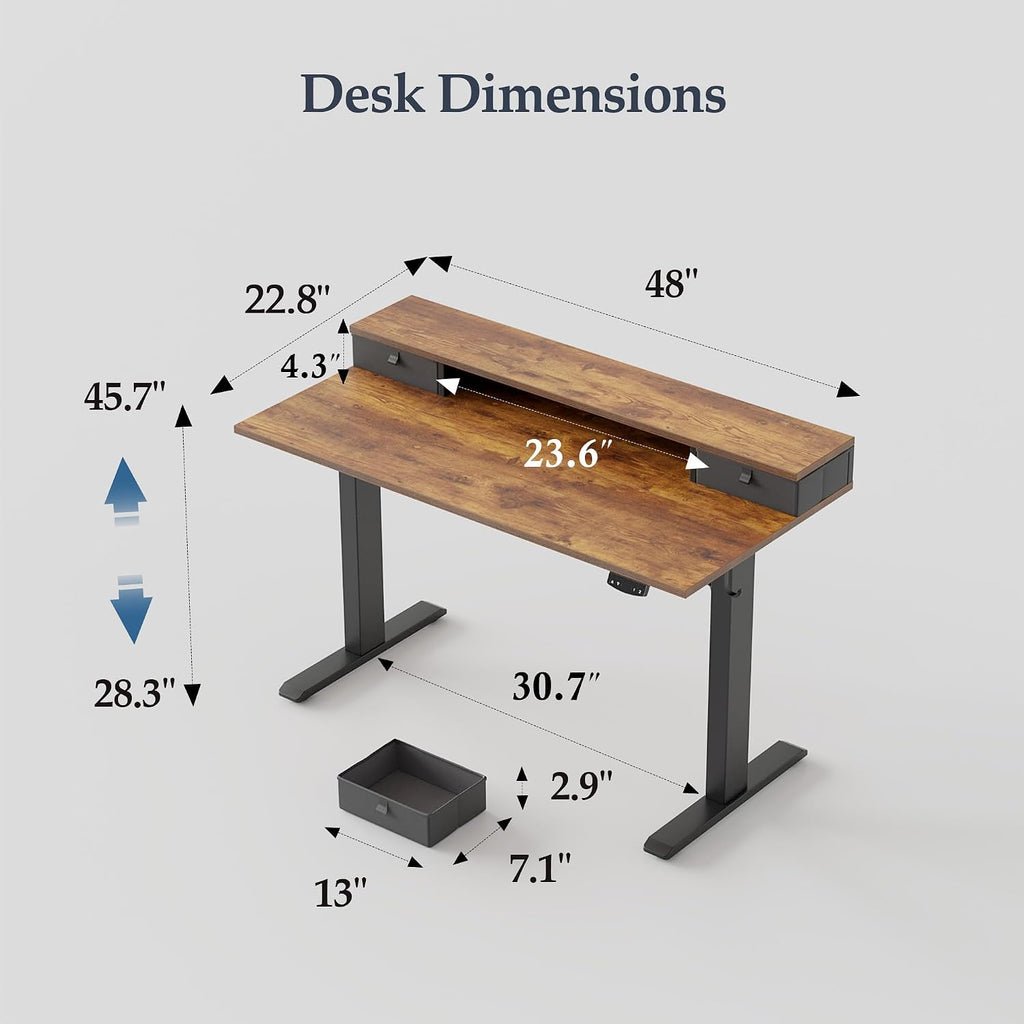 Klicelor 48 x23 Inch Electric Standing Desk with Drawers, Adjustable Height Small Sit Stand Desk for Home Office, Compact Computer Workstation with Storage– Rustic Brown