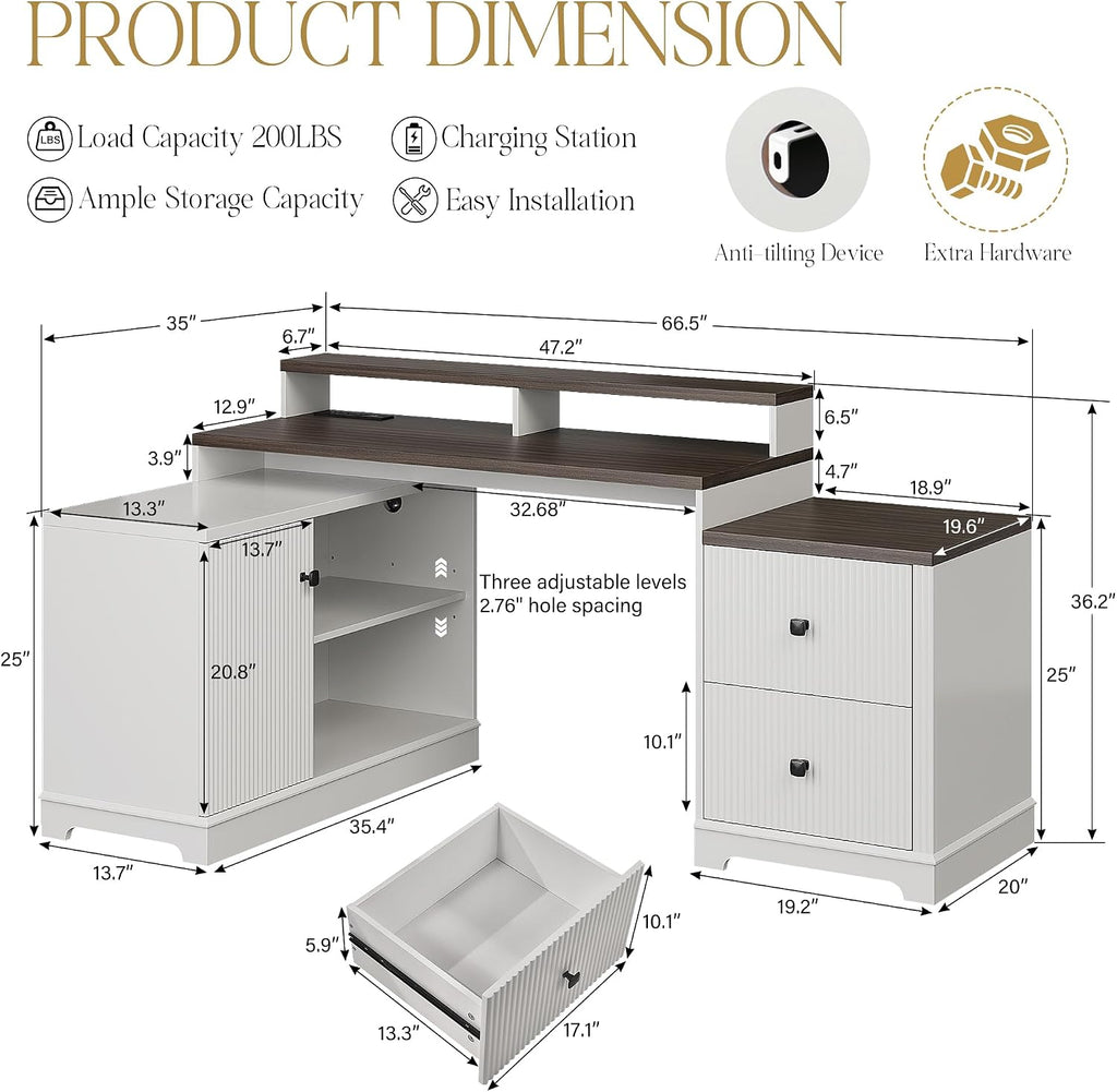 67' L Shaped Executive Desk with Drawers & Storage Shelf, Corner Computer Desk with Power Outlets, Home Office Desk with Monitor Stand, Printer Shelf, Computer Writing Desk for Work, Antique White