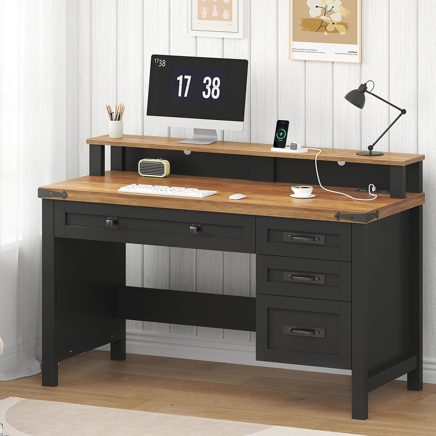 YOMILUVE Farmhouse Computer Desk with Drawers, 47' Small Computer Desk with Power Outlets, Home Office Desk with Monitor Stand & 4 Drawers, Writing Study Table, Brown and Black
