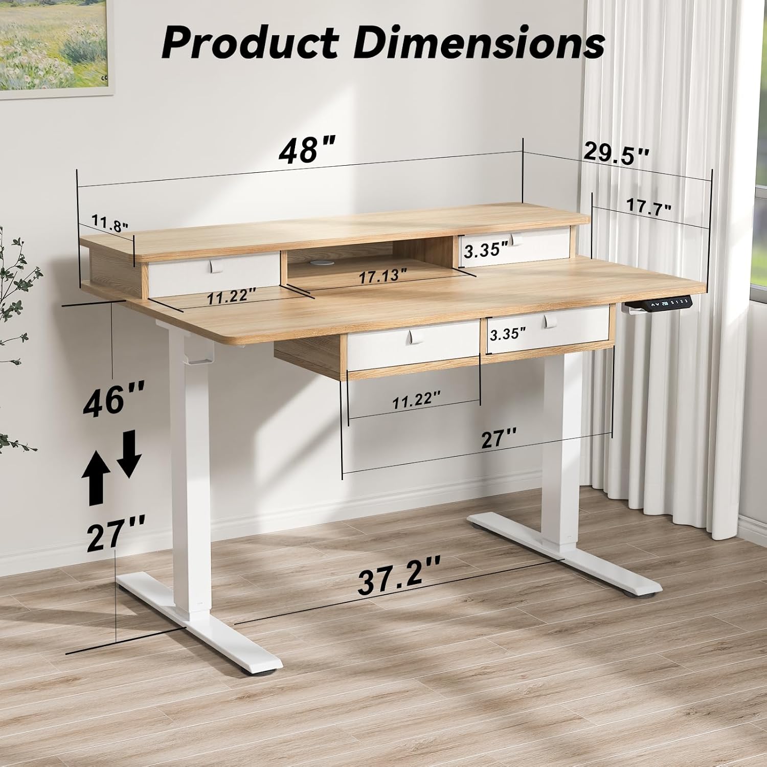 FiCiHi Adjustable Height Standing Desk with 4 Drawers,48 x 30 inches Electric Sit Stand Home Office Desk with Two Tiers, 3 Memory Presets, Monitor Stand Riser, USB A/C Charging Port
