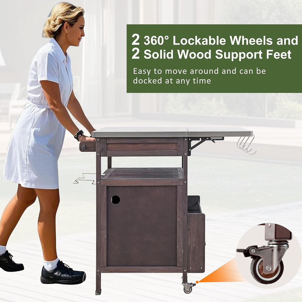 40.5' Outdoor Grill Cart with Stainless Steel Top, Solid Wood Outdoor Storage Cabinet with Drop Leaf, One Drawer, Towel Rack, Rolling Kitchen Cart with Lockable Wheels for Lawn Garden, Brown