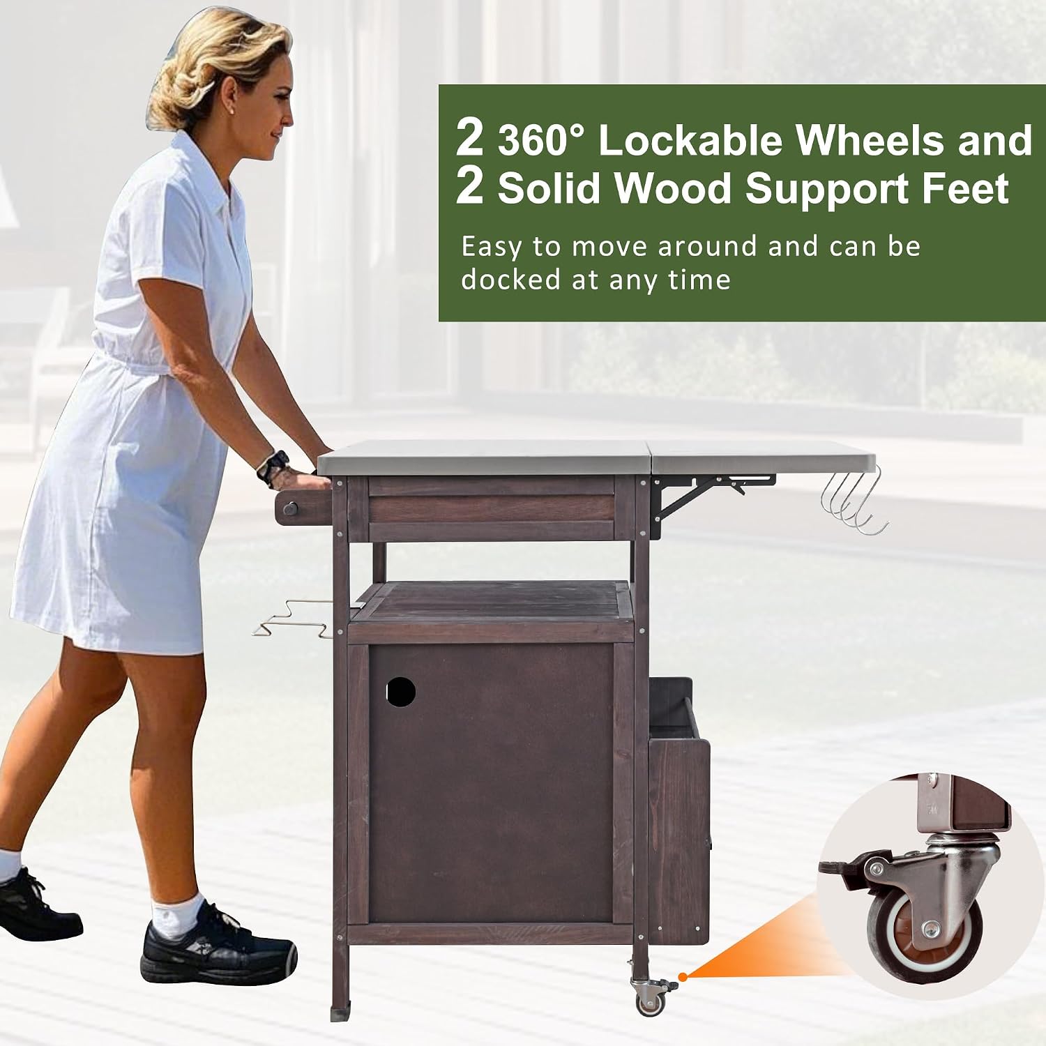 40.5' Outdoor Grill Cart with Stainless Steel Top, Solid Wood Outdoor Storage Cabinet with Drop Leaf, One Drawer, Towel Rack, Rolling Kitchen Cart with Lockable Wheels for Lawn Garden, Brown