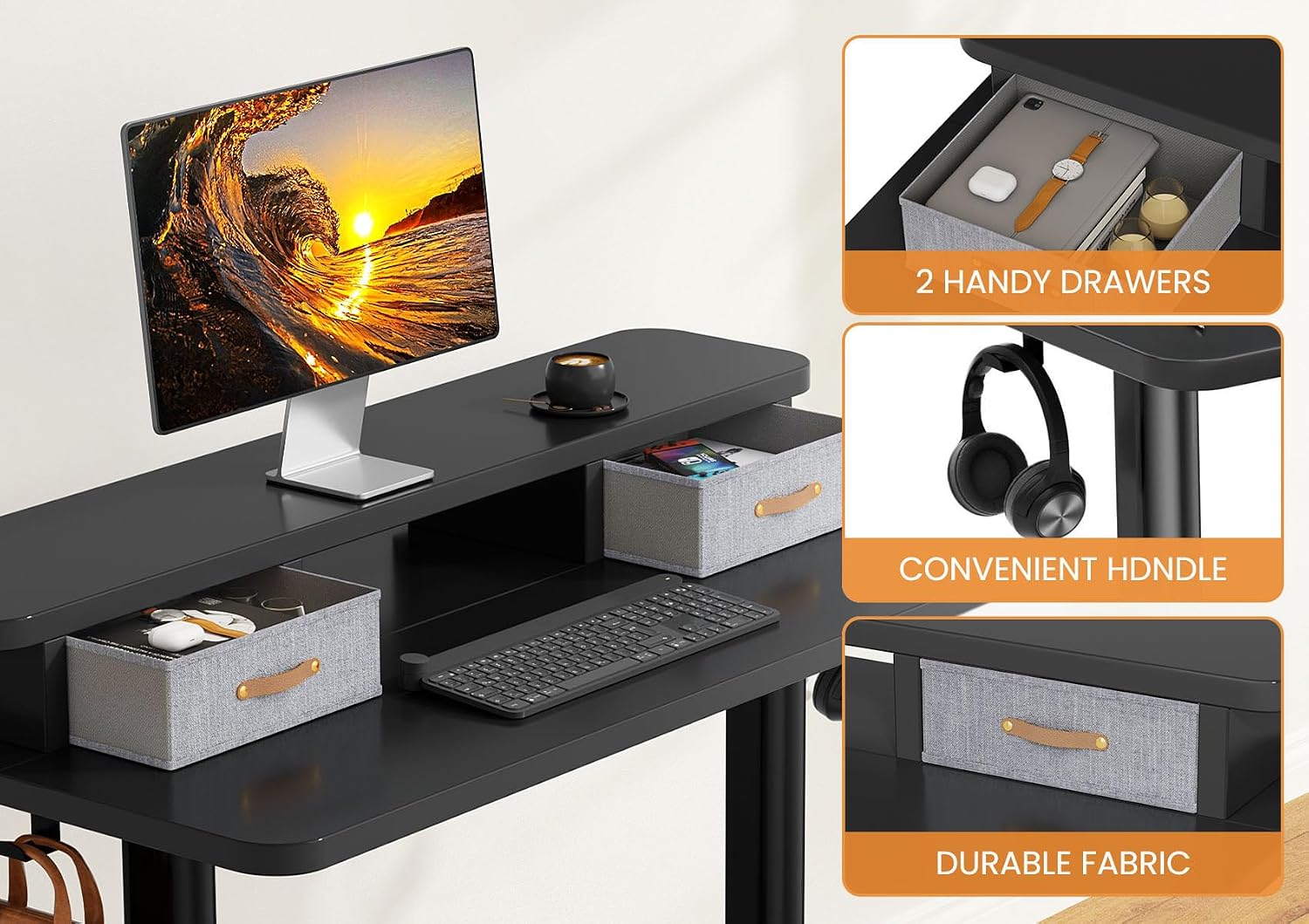 Flycity Electric Standing Desk with Dual Drawers, 48' x 24' Height Adjustable Desk Sit Stand Desk with Memory Controller, Casters & 2 Hooks, Low Noise Home Office Desk, Black