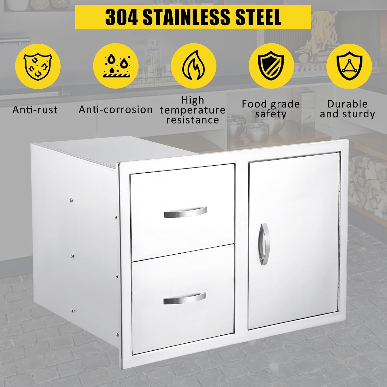 GarveeLife 33''W x 22''H x 22''D Outdoor Kitchen Drawer Combo with Paper Towel Rack, BBQ Access Door Drawers Combo with Stainless Steel, Perfect for BBQ Grill Station Outdoor Kitchen Storage Cabinet